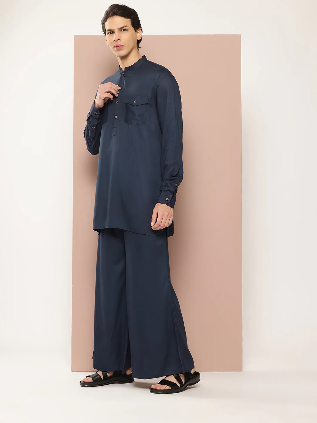 Men Blue Rayon Solid Pathani Sets - Image 2