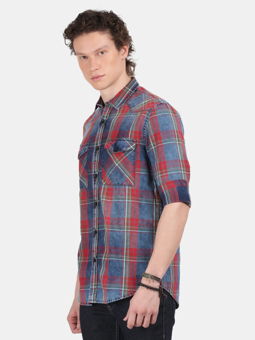 Men Blue Red Slim Fit Spread Collar Full Sleeve Casual Shirt - Image 2