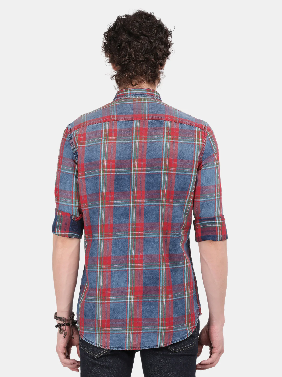 Men Blue Red Slim Fit Spread Collar Full Sleeve Casual Shirt - Image 3