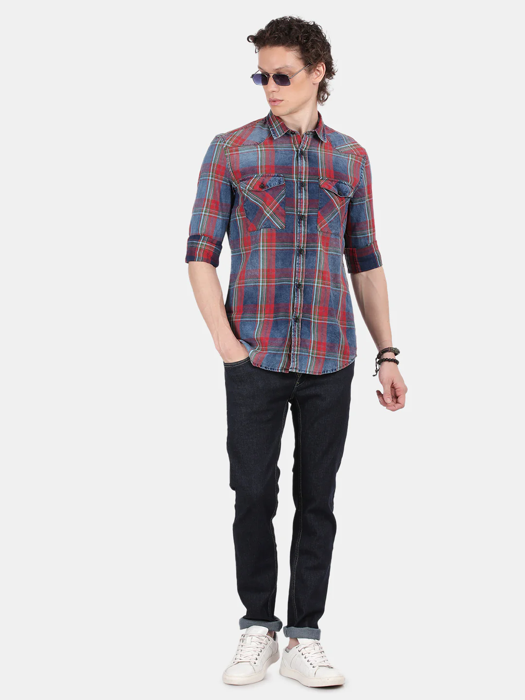 Men Blue Red Slim Fit Spread Collar Full Sleeve Casual Shirt - Image 4