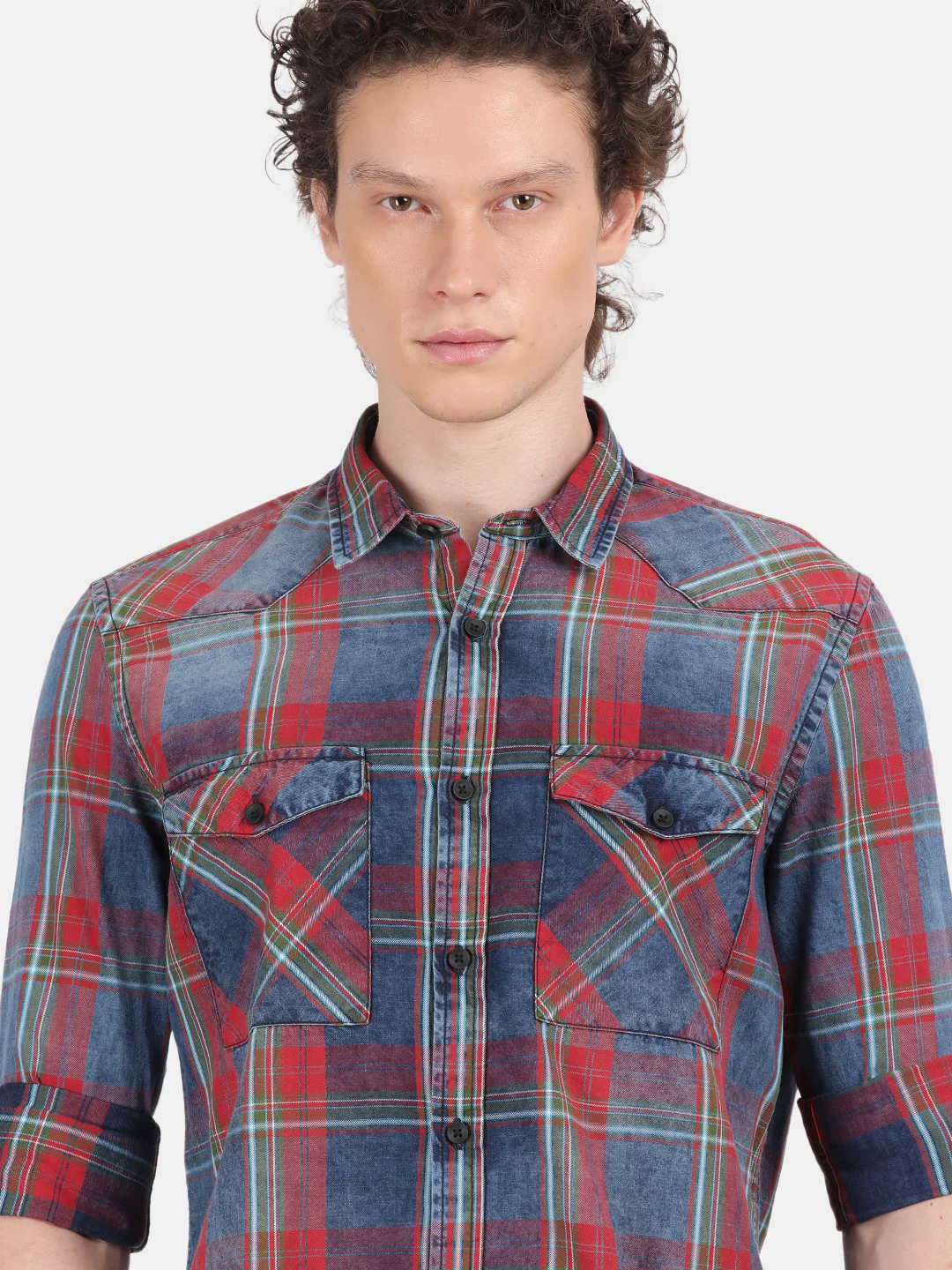 Men Blue Red Slim Fit Spread Collar Full Sleeve Casual Shirt - Image 5