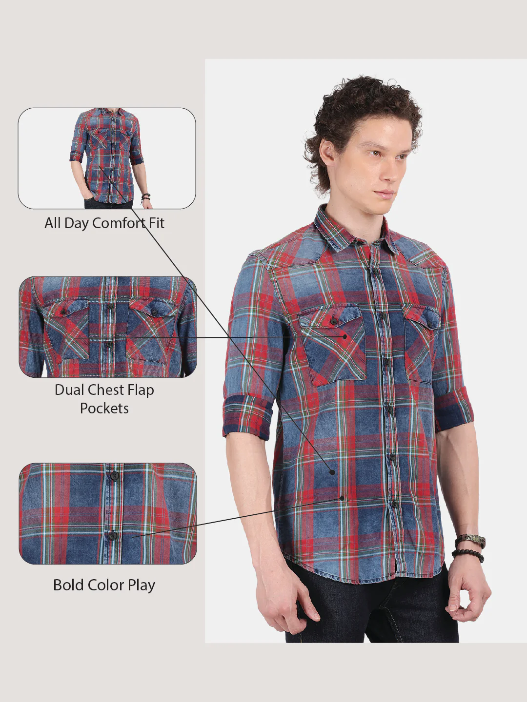 Men Blue Red Slim Fit Spread Collar Full Sleeve Casual Shirt - Image 6