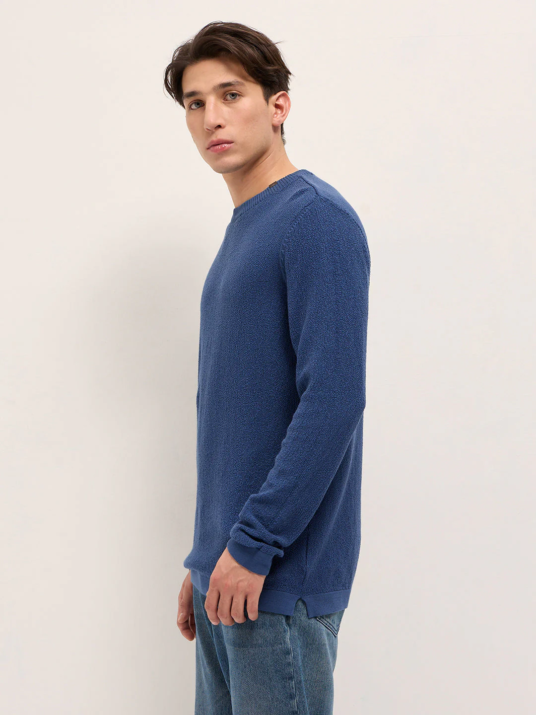 Men Blue Regular Fit Full Sleeve Flat Knit T-Shirt - Image 3