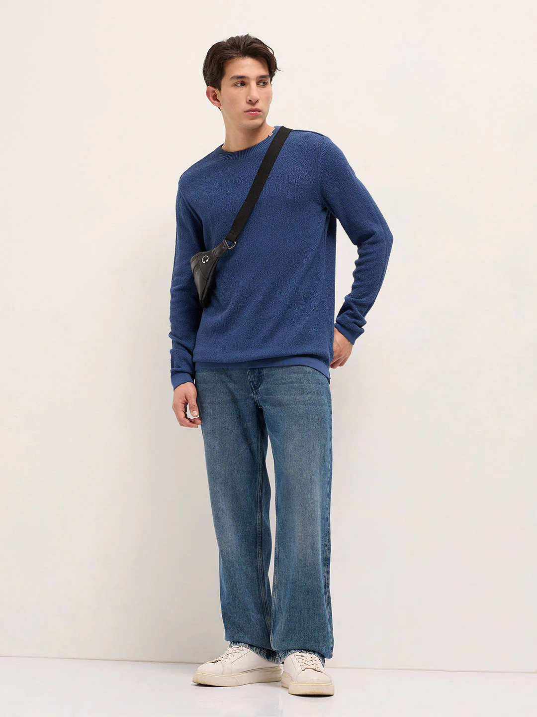 Men Blue Regular Fit Full Sleeve Flat Knit T-Shirt - Image 4