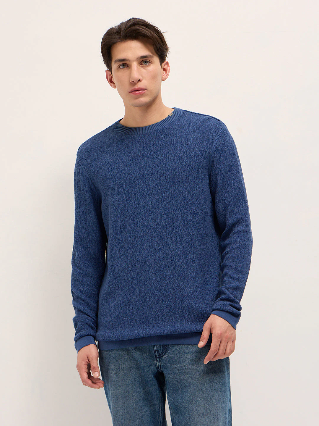 Men Blue Regular Fit Full Sleeve Flat Knit T-Shirt - Image 6