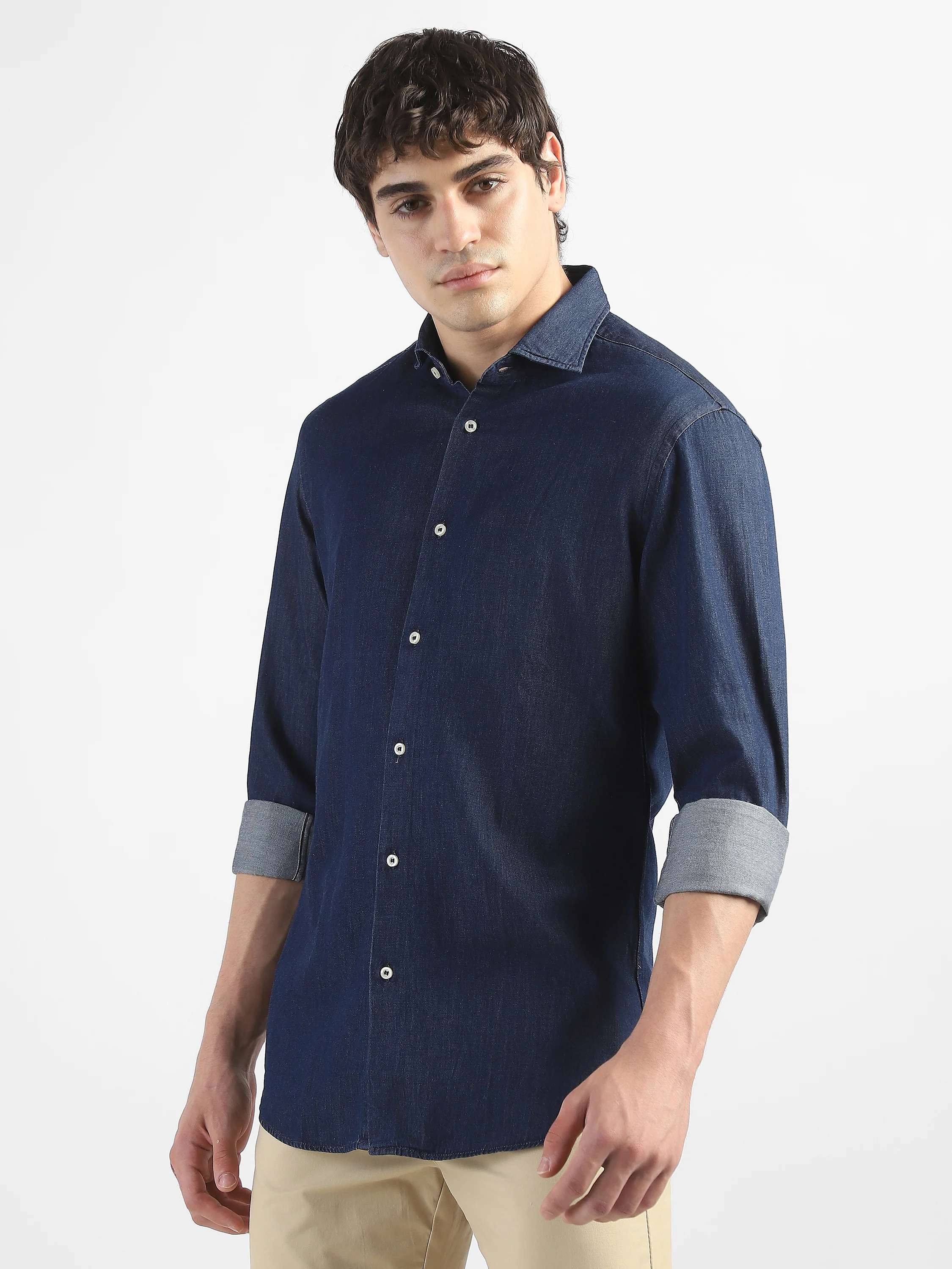 Men Denim Navy Blue Regular Fit Shirt - Image 3