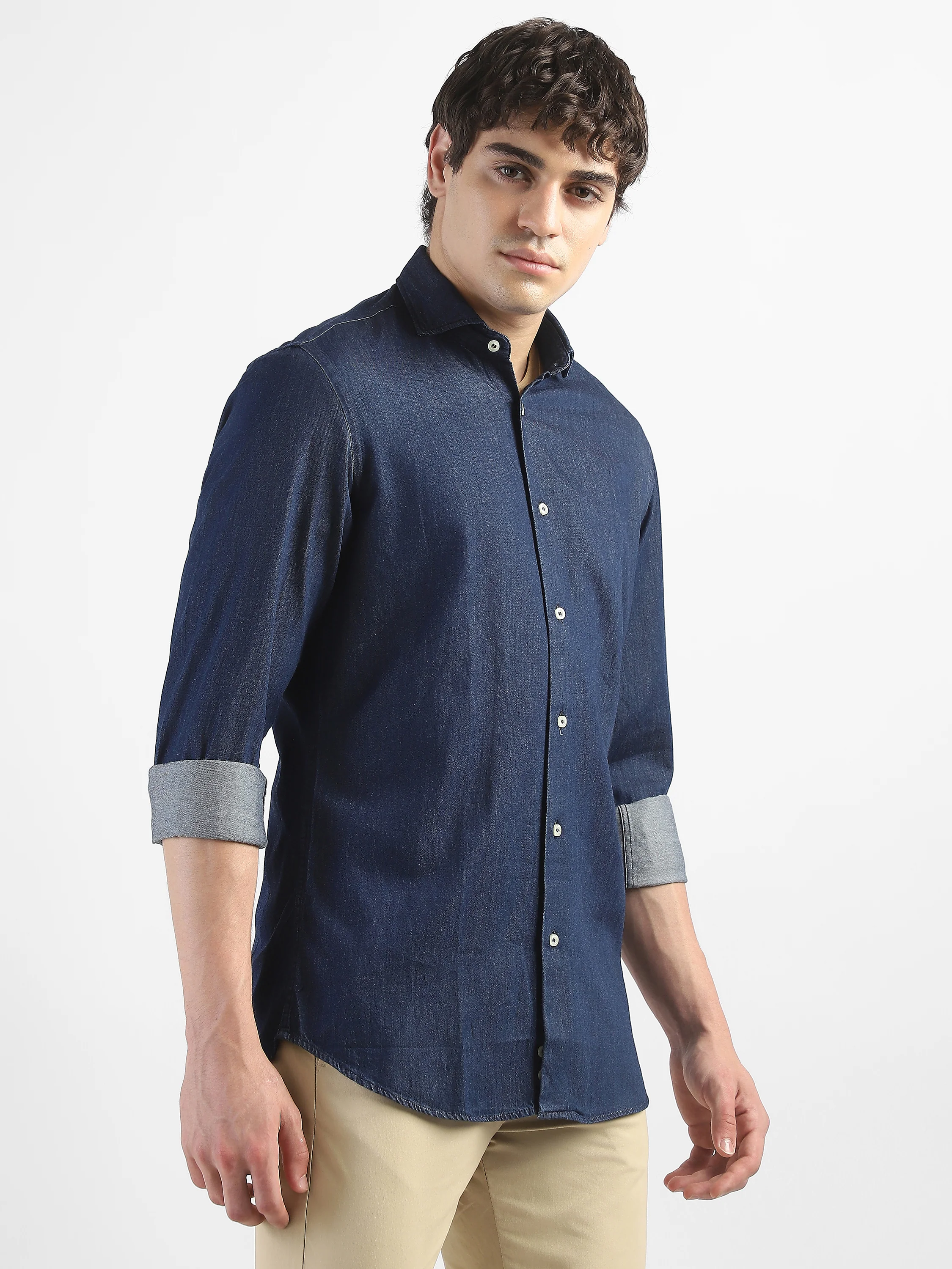 Men Denim Navy Blue Regular Fit Shirt - Image 5