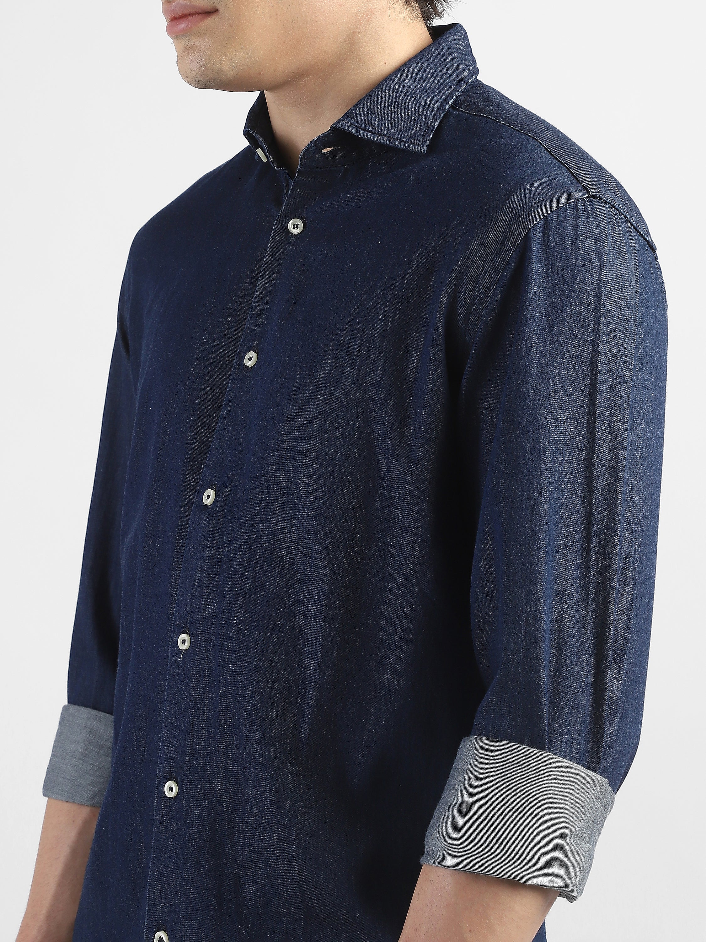Men Denim Navy Blue Regular Fit Shirt - Image 6