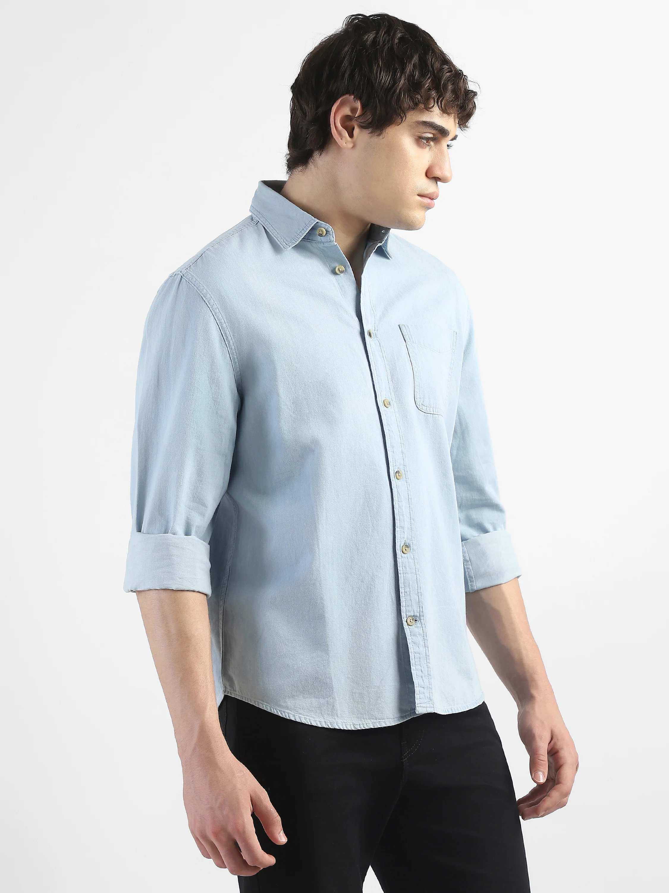 Men Light Blue Denim Casual Shirt - Image 3