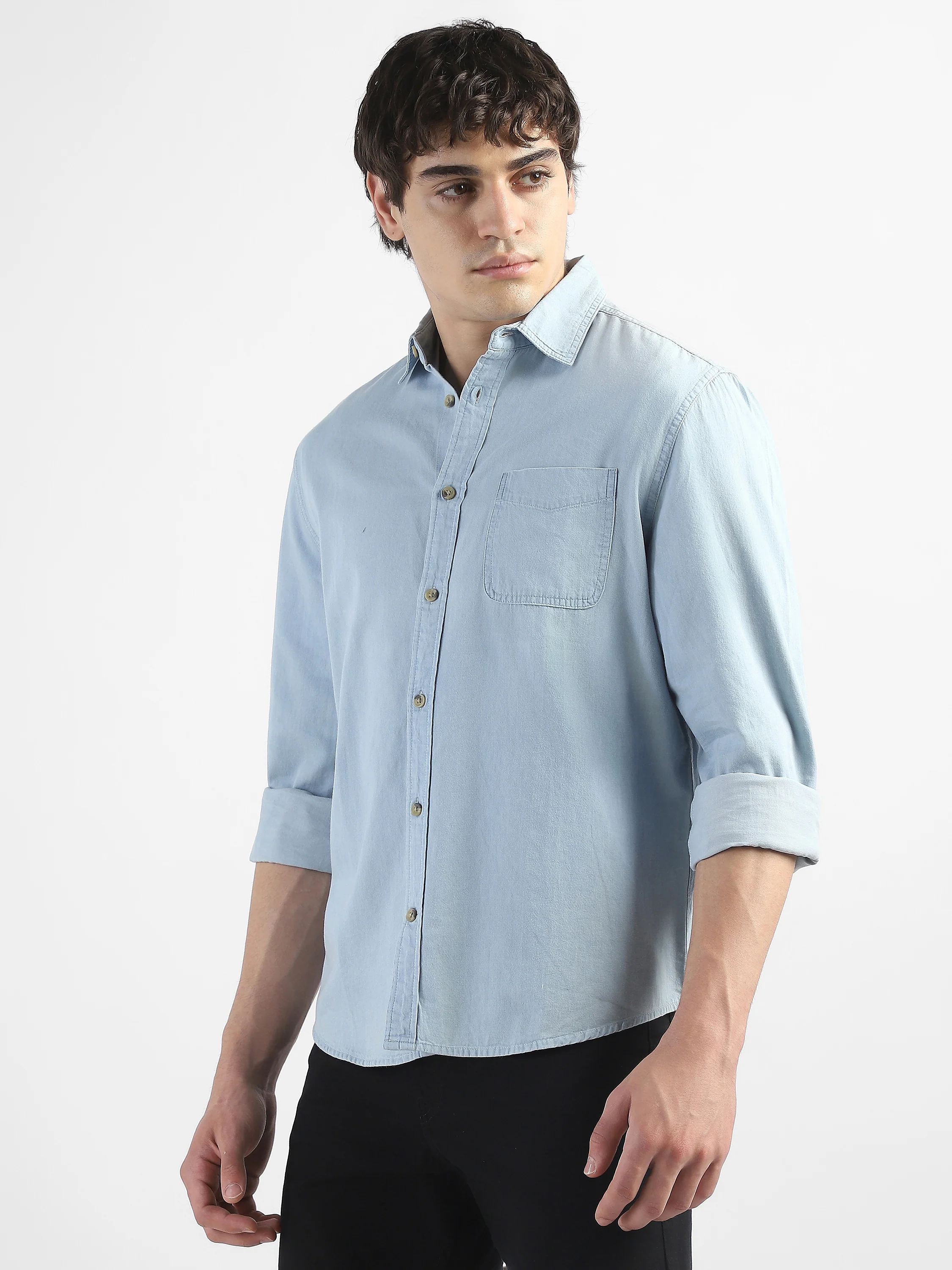 Men Light Blue Denim Casual Shirt - Image 5