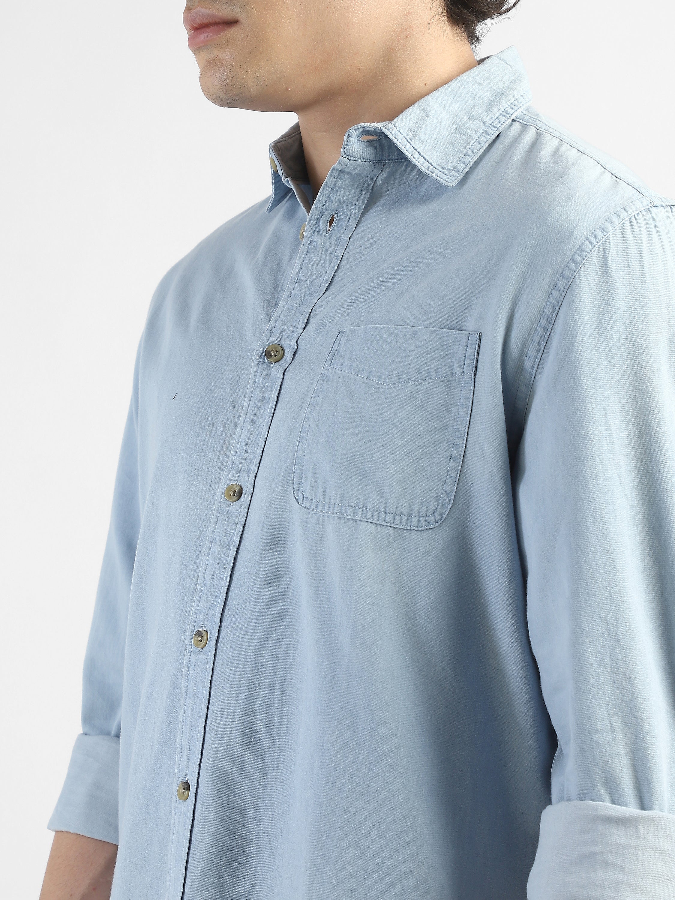 Men Light Blue Denim Casual Shirt - Image 6