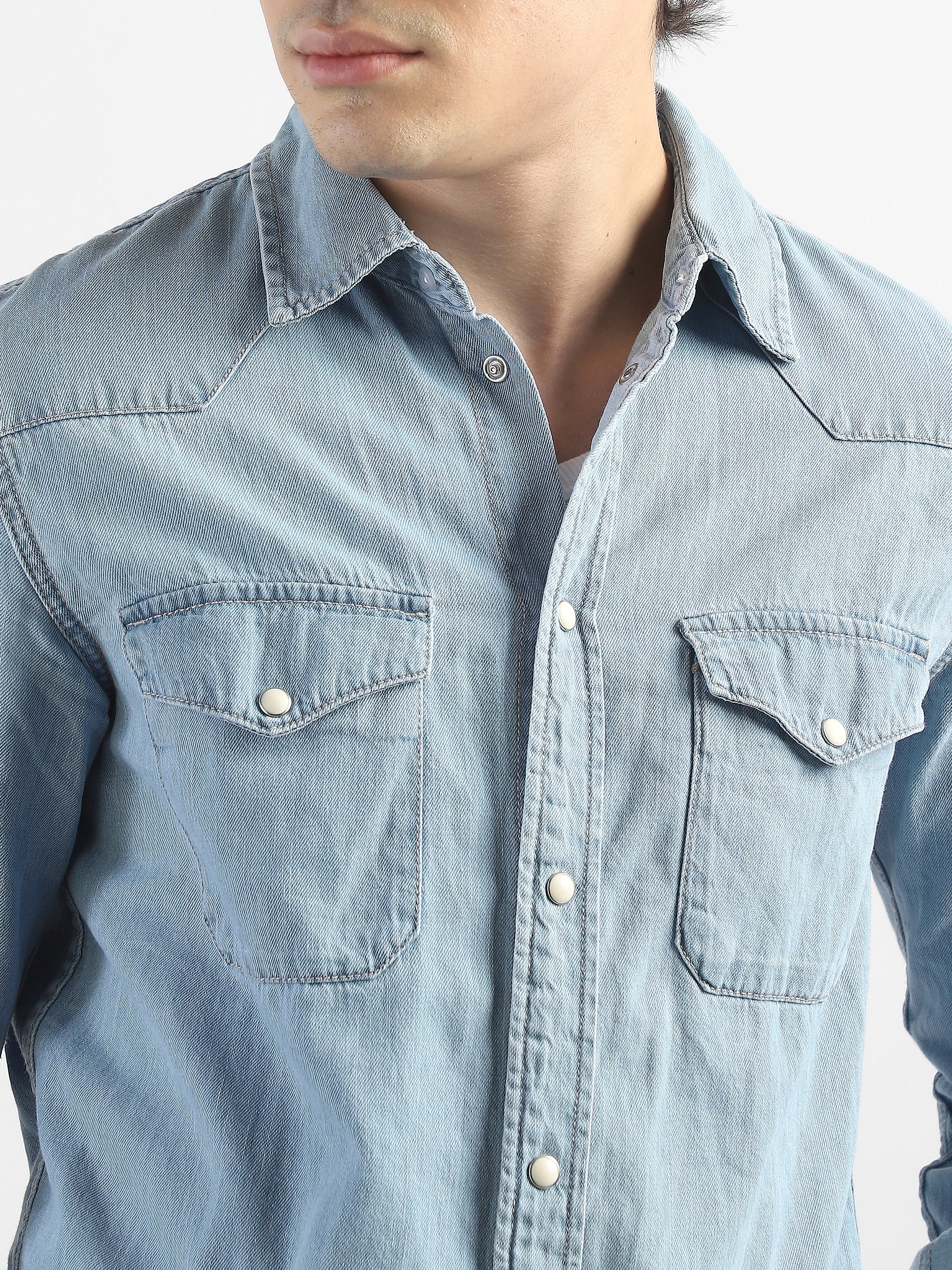 Men Denim Blue Regular Fit Shirt with Two Pockets - Image 2