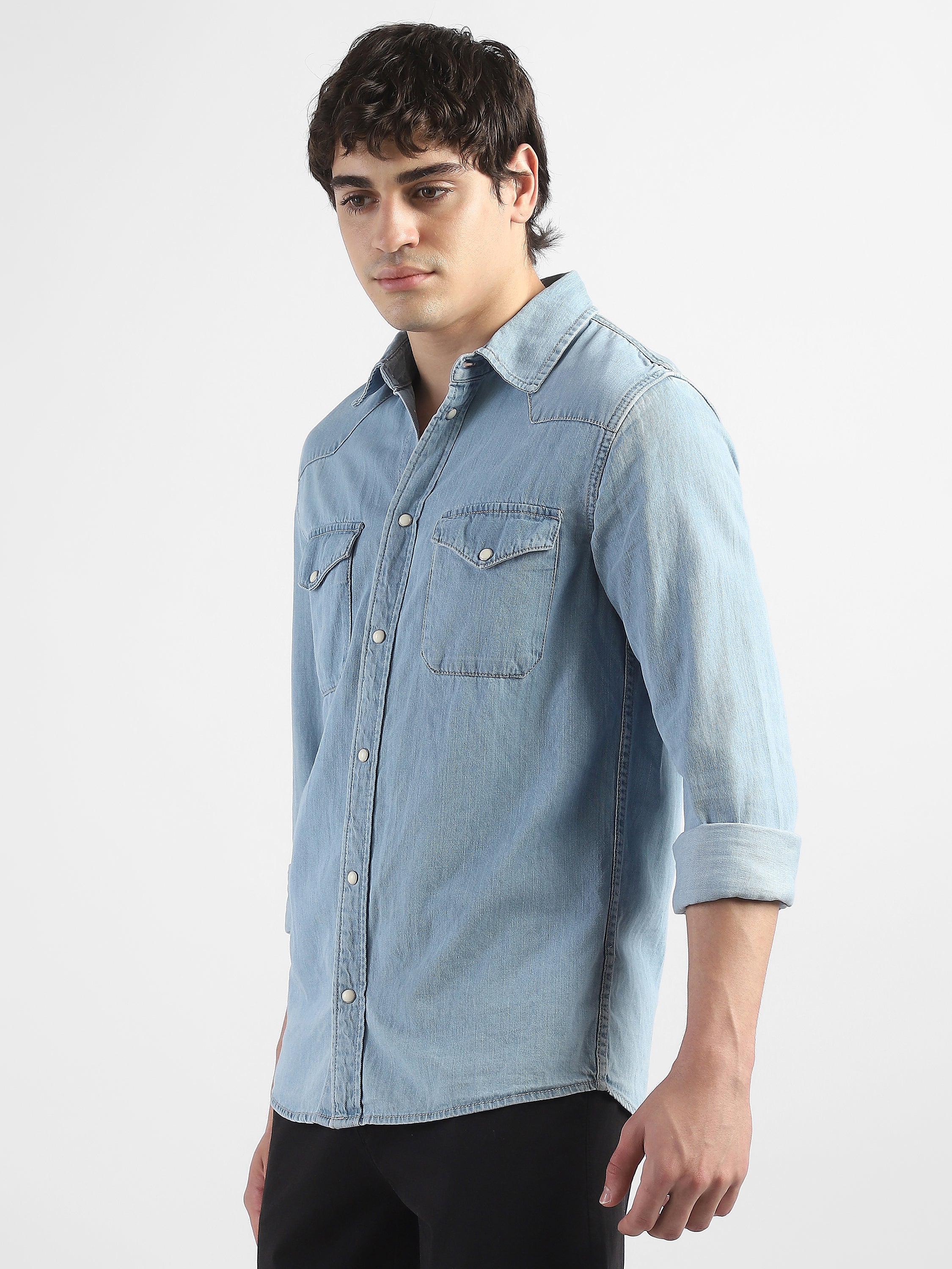 Men Denim Blue Regular Fit Shirt with Two Pockets - Image 6