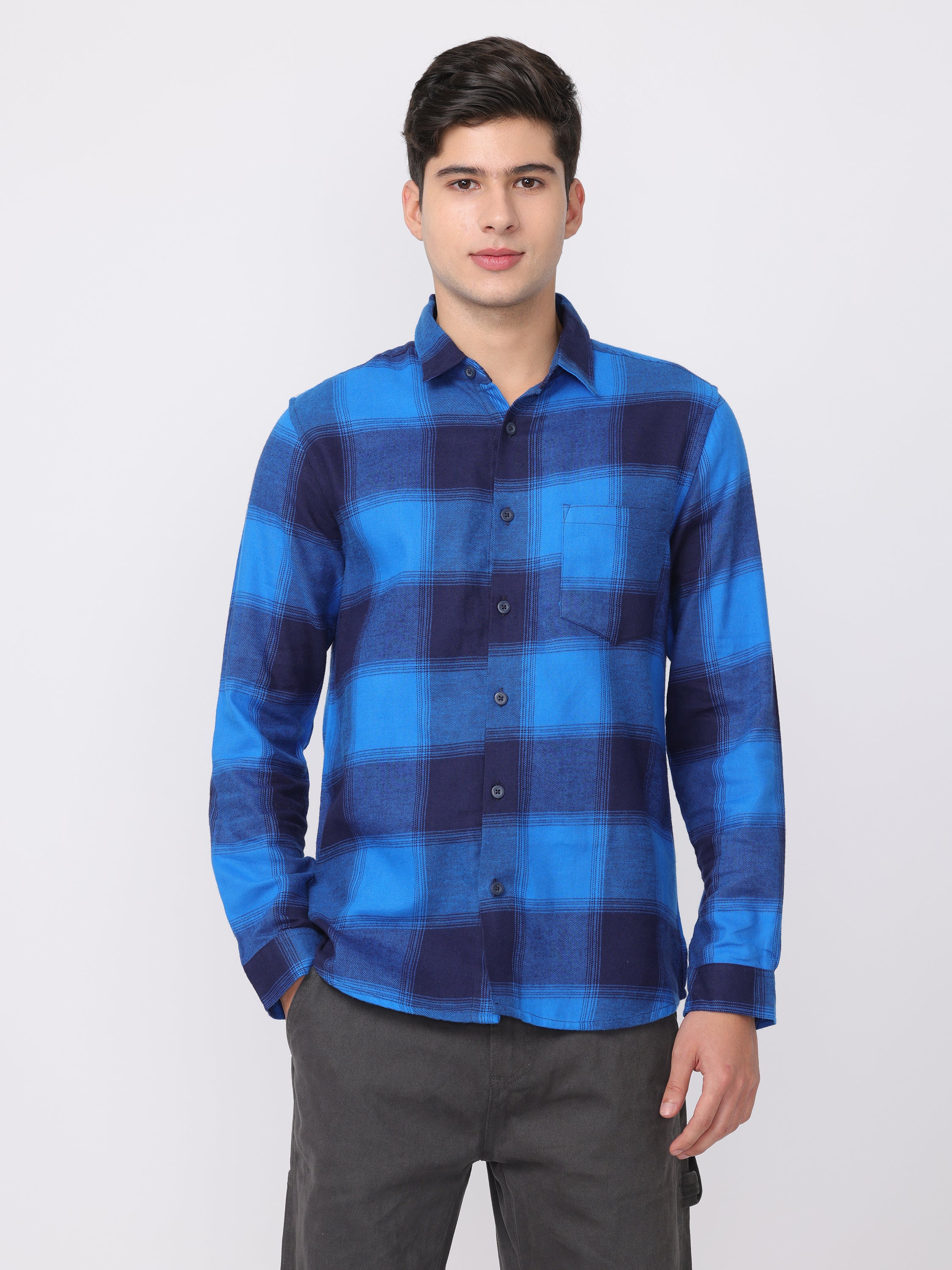 Men Blue Regular Fit Checked Shirt - Image 3