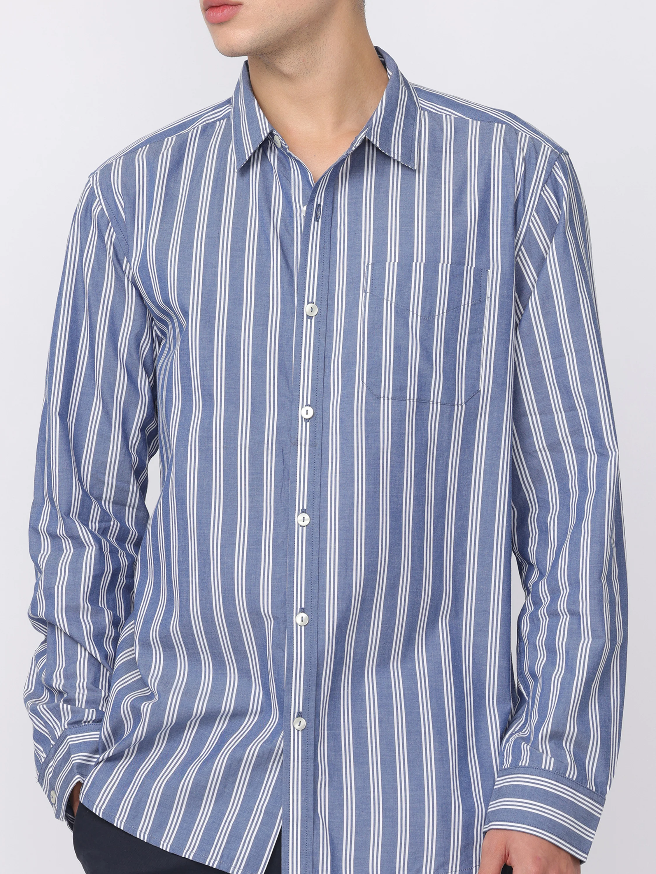 Men Blue Regular Fit Striped Shirt - Image 2
