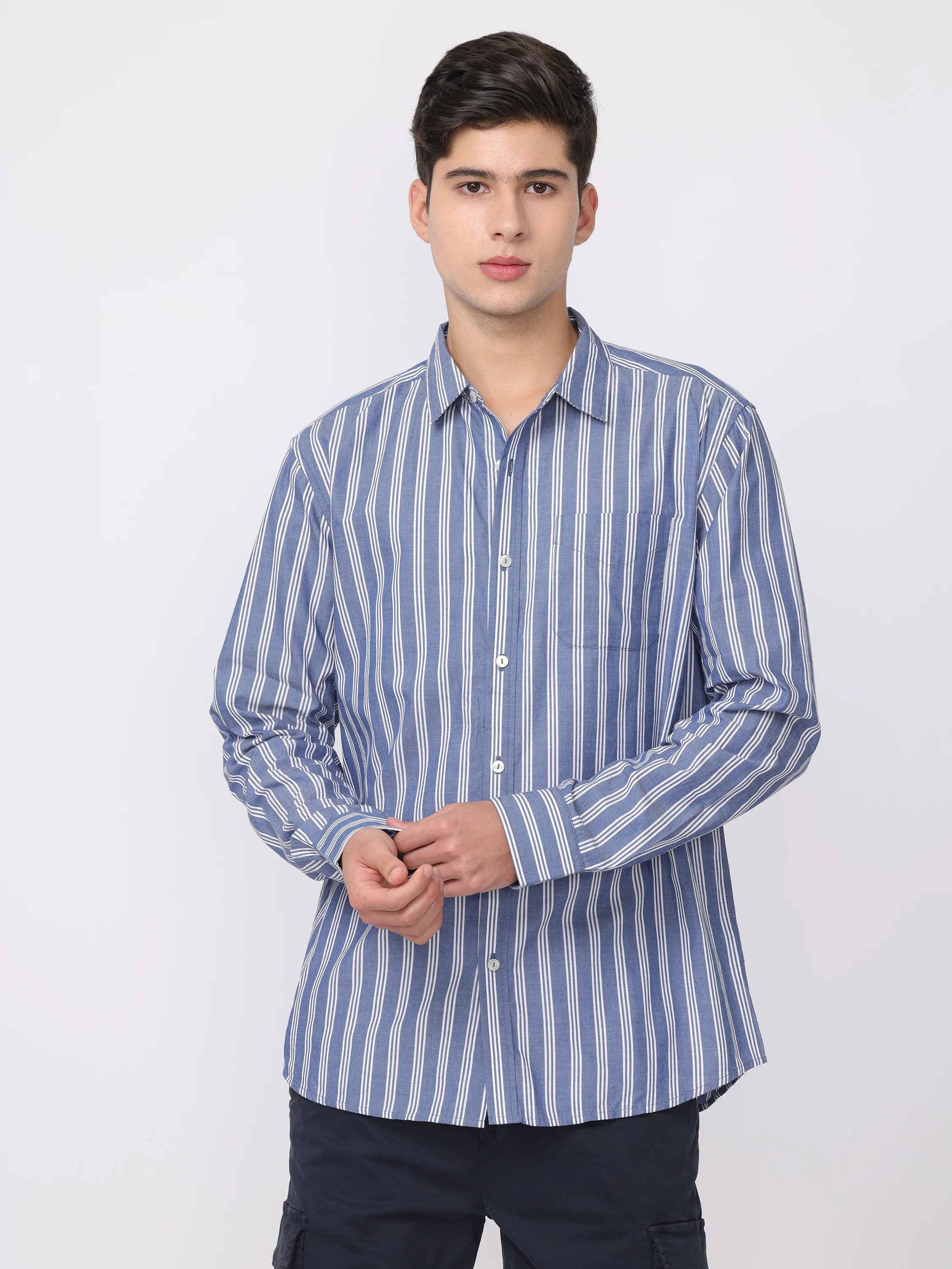 Men Blue Regular Fit Striped Shirt - Image 4