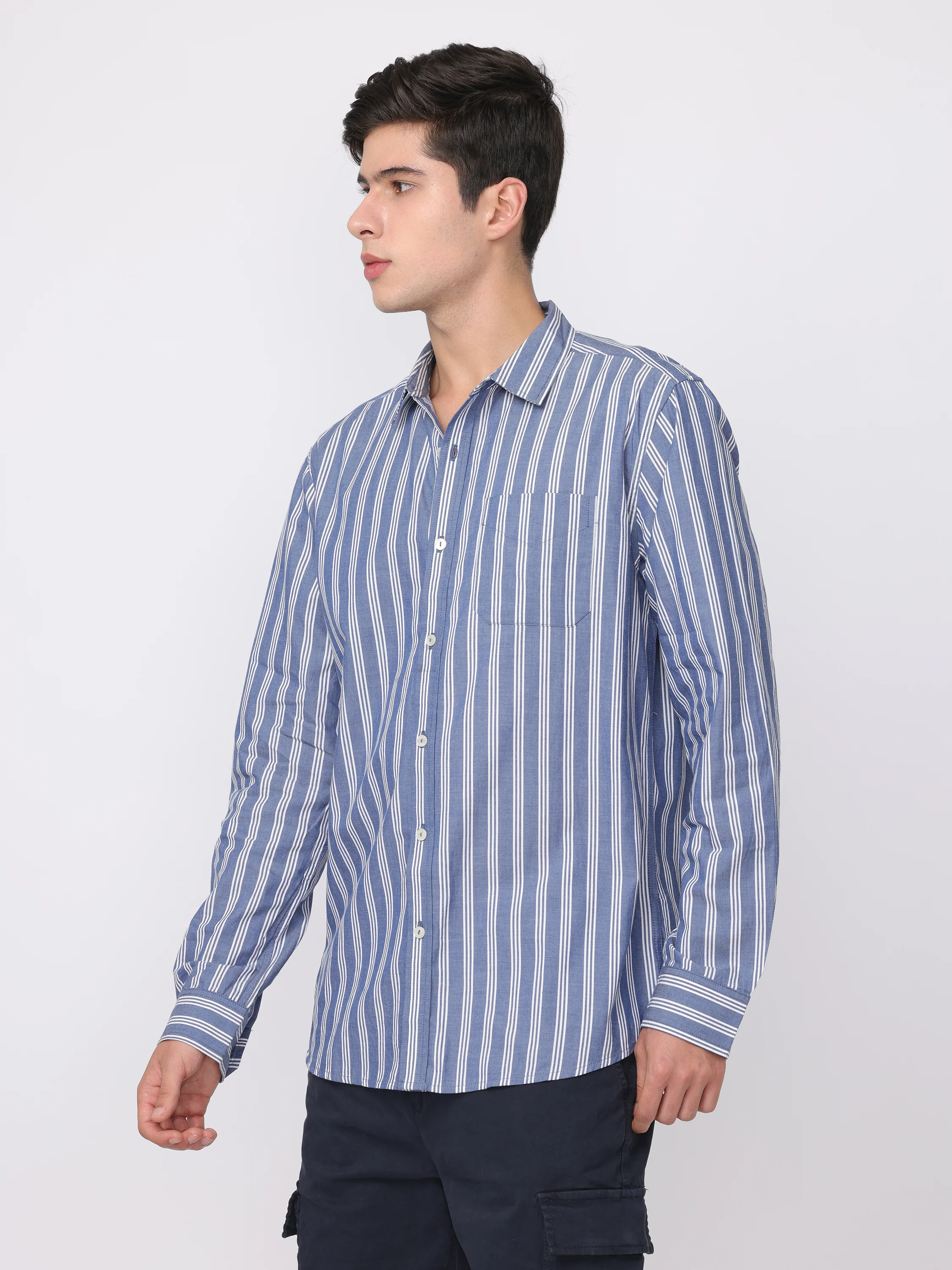 Men Blue Regular Fit Striped Shirt - Image 5