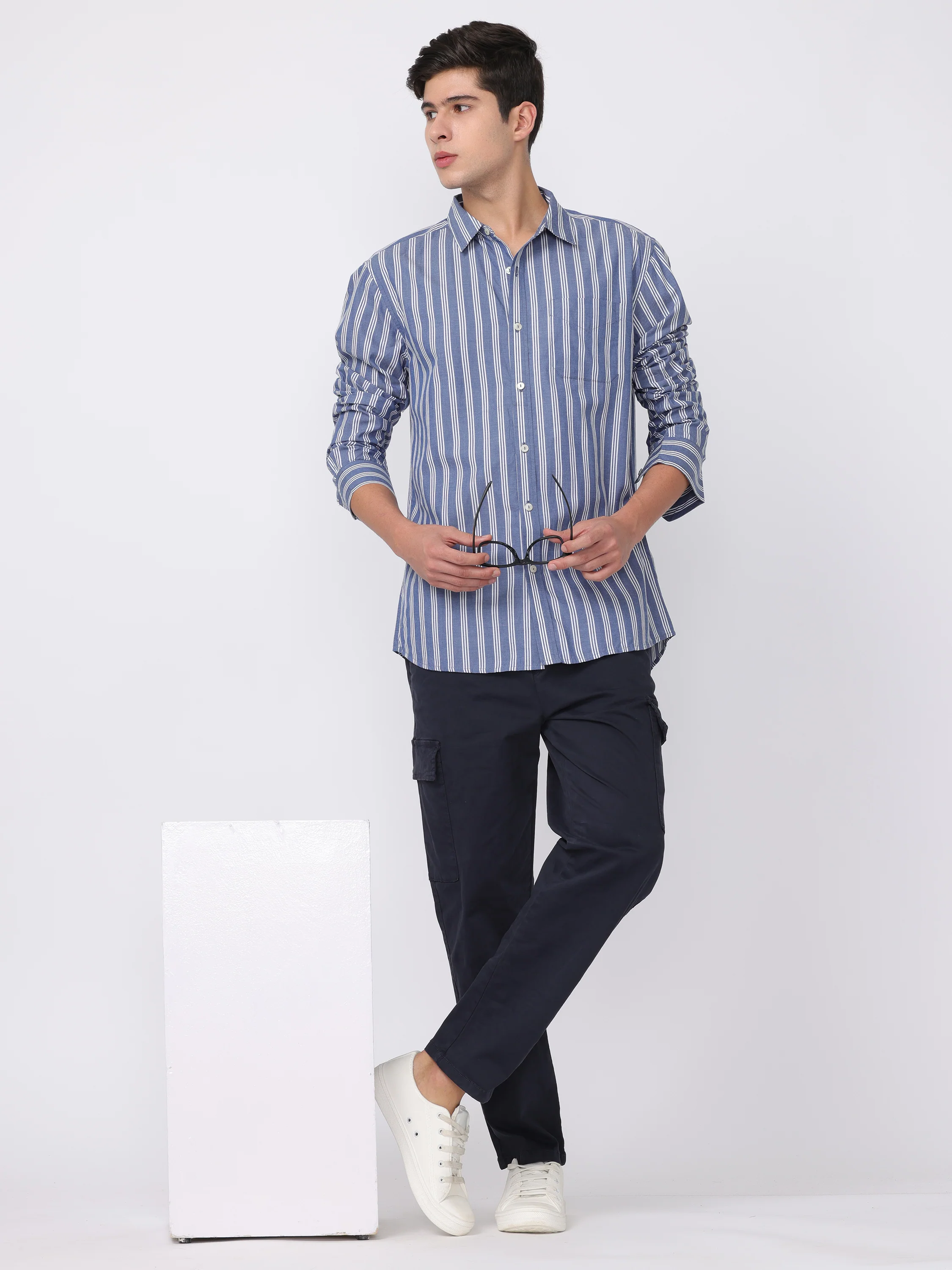 Men Blue Regular Fit Striped Shirt - Image 6