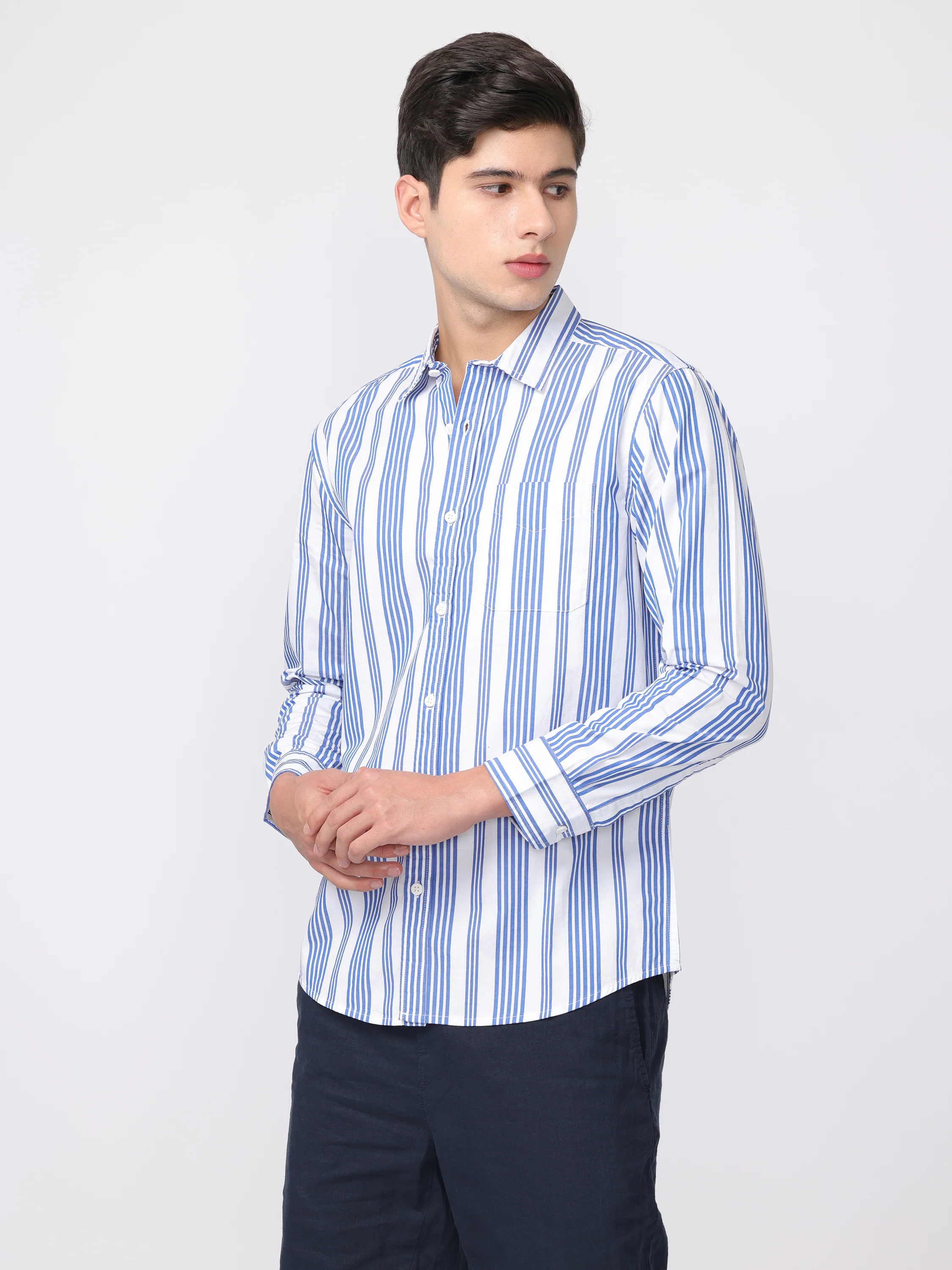 Men Blue Regular Fit Striped Shirt - Image 3