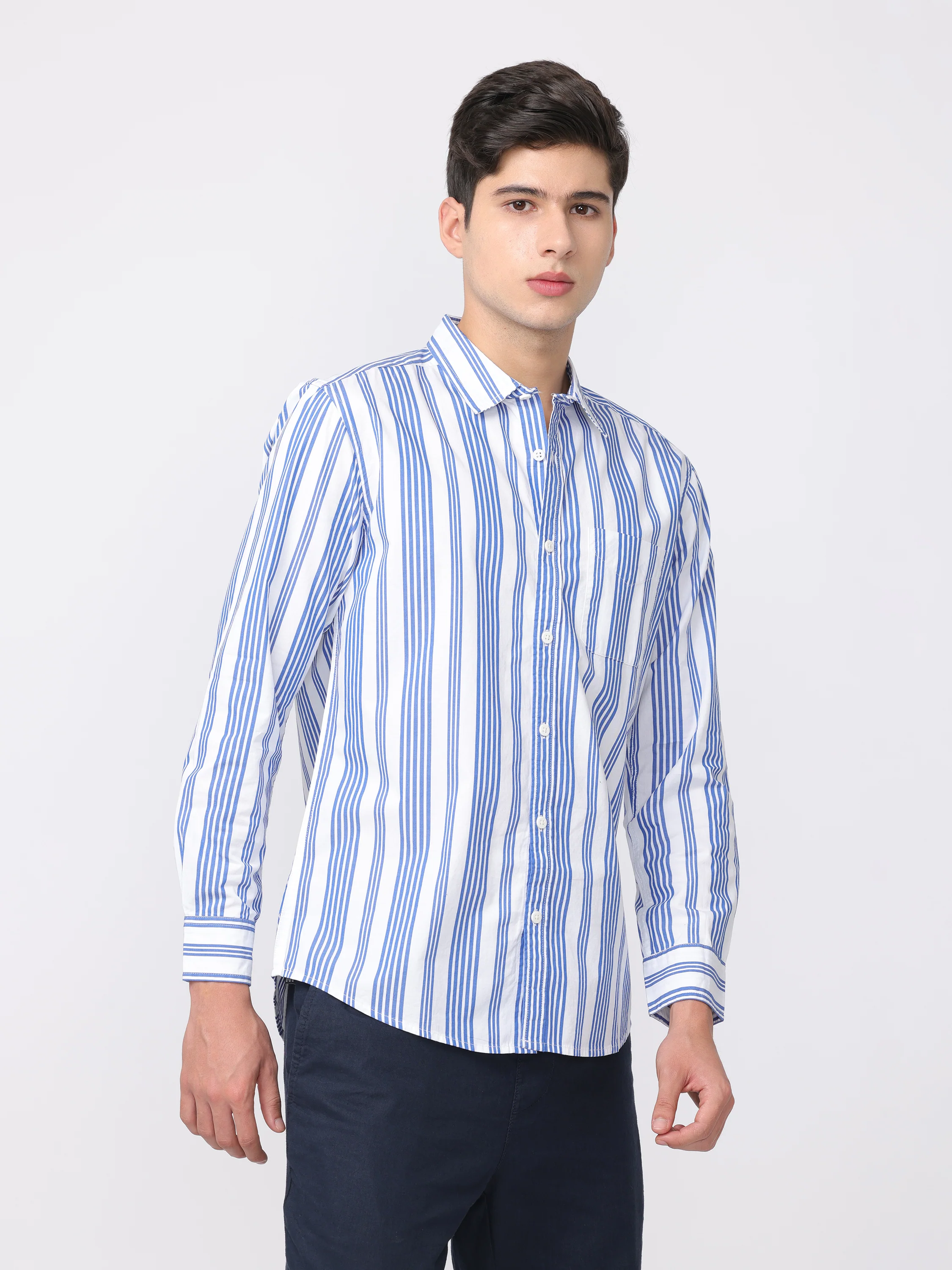 Men Blue Regular Fit Striped Shirt - Image 5