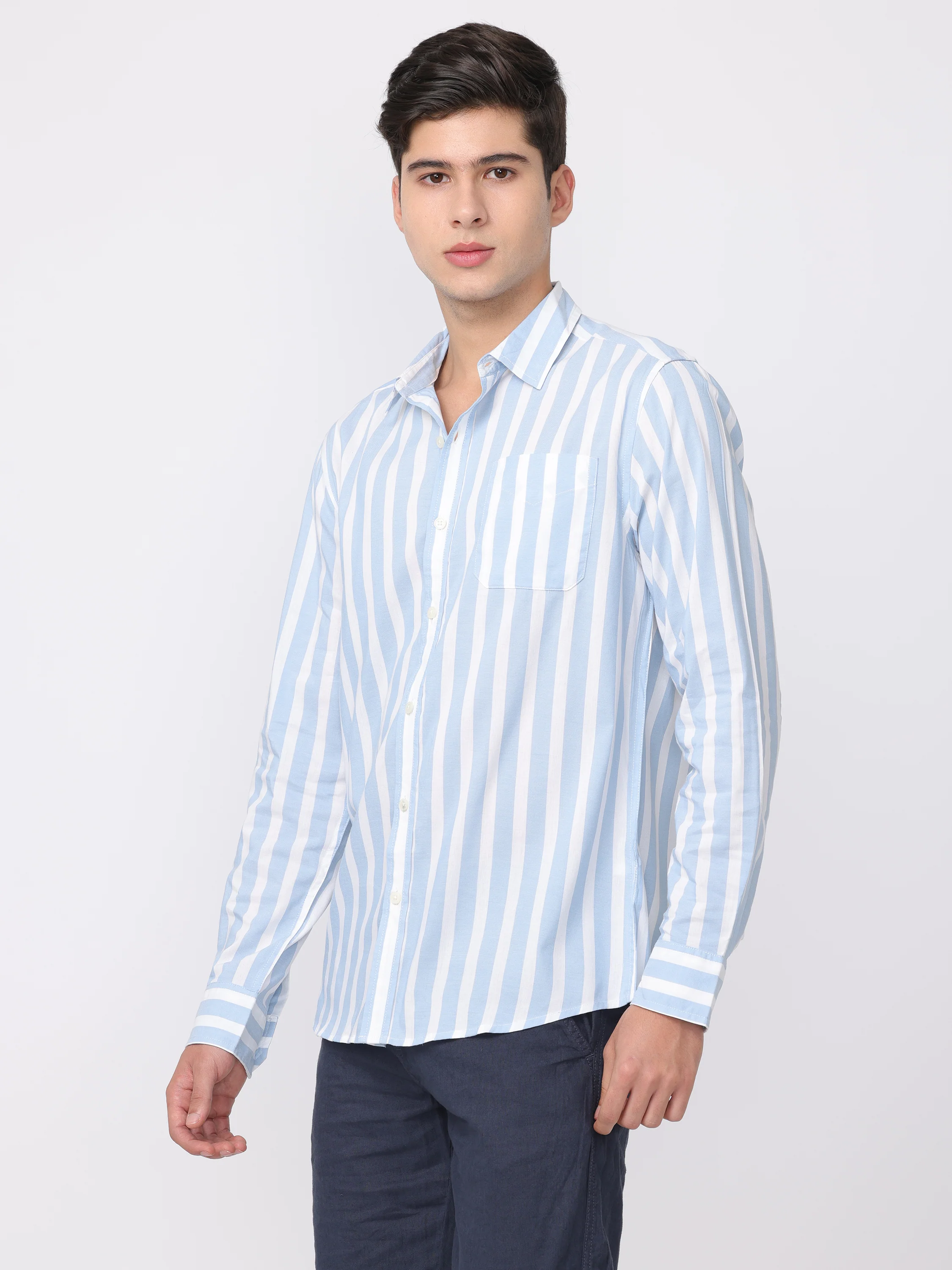 Men Blue Regular Fit Striped Shirt - Image 3