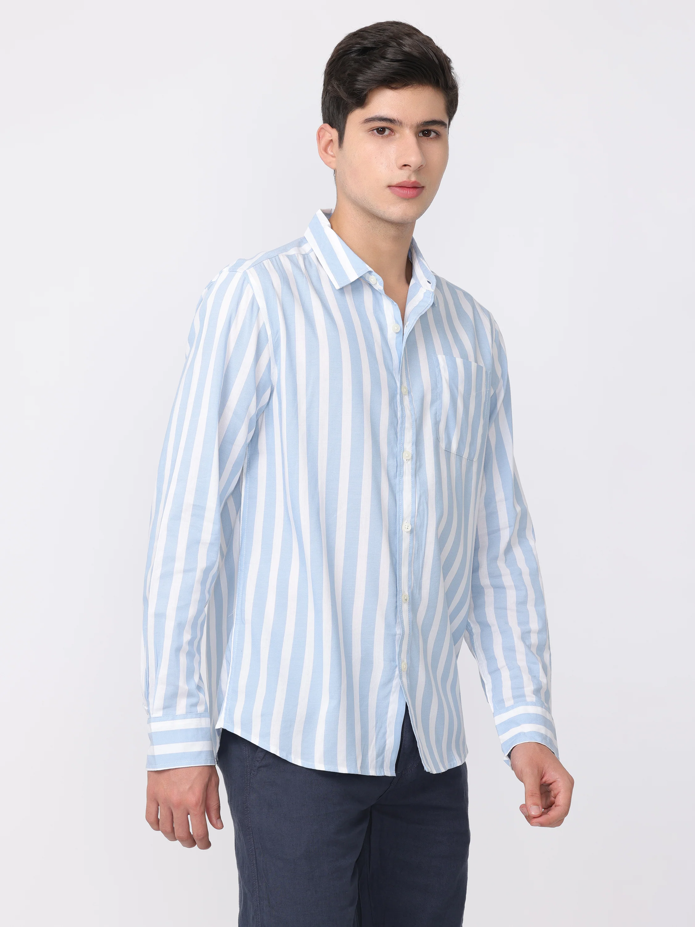 Men Blue Regular Fit Striped Shirt - Image 5