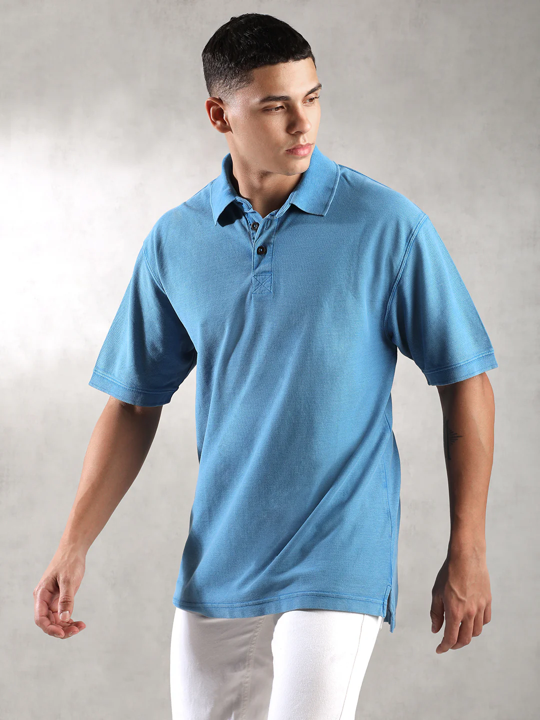Men Drop Shoulder Oversize Polo Blue T-Shirt - Image 3