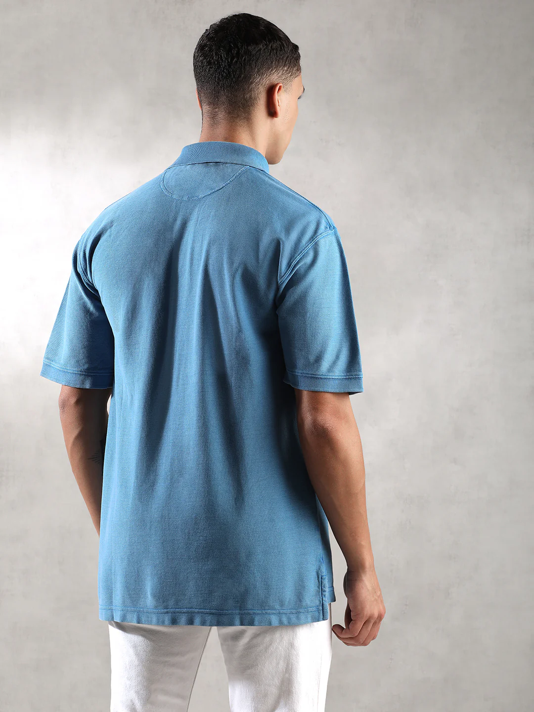 Men Drop Shoulder Oversize Polo Blue T-Shirt - Image 4
