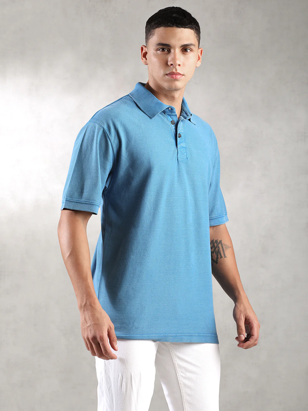 Men Drop Shoulder Oversize Polo Blue T-Shirt - Image 6