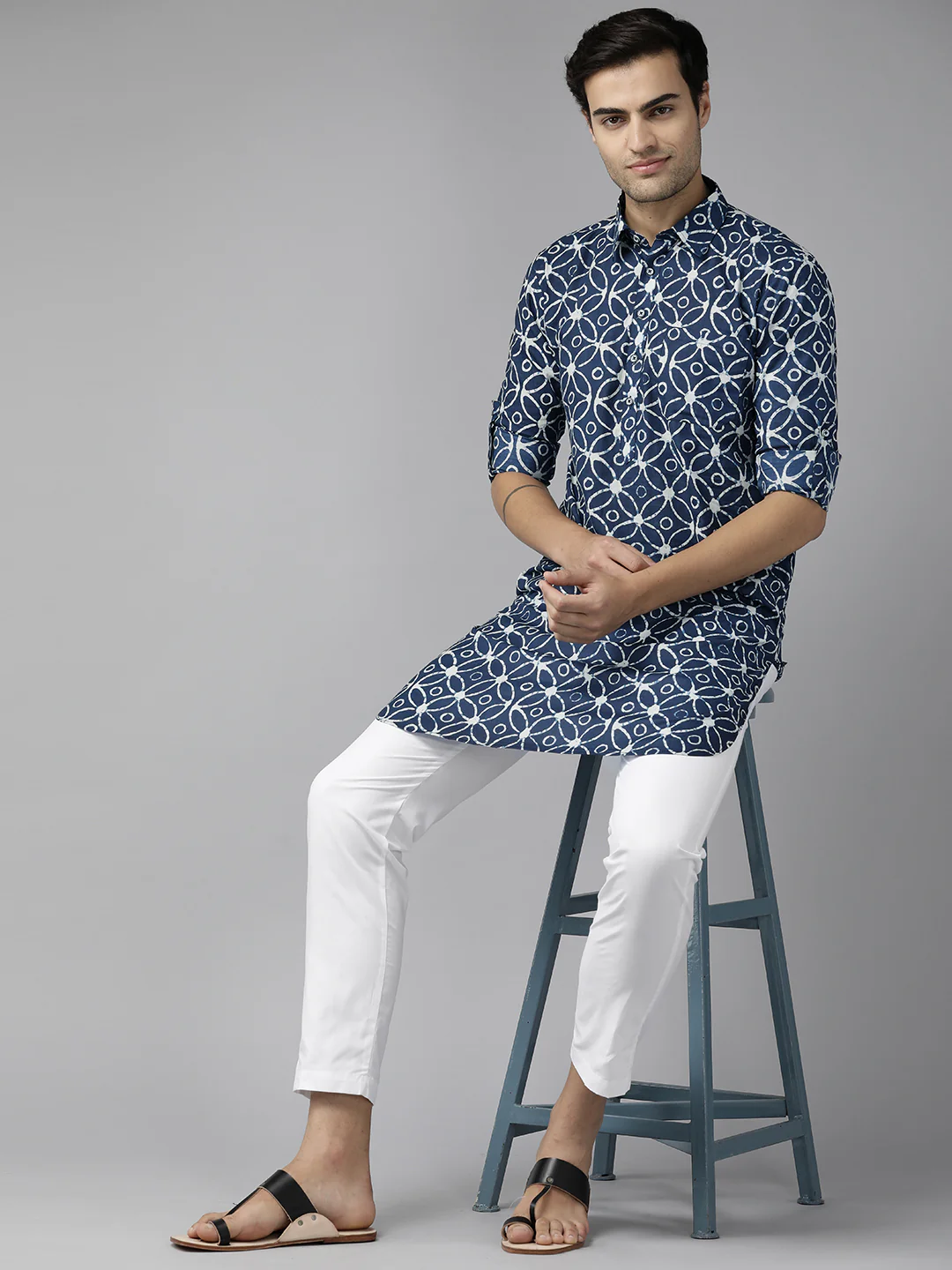 Men Blue Regular Pure Cotton Pathani Printed Men'S Kurta - Image 2