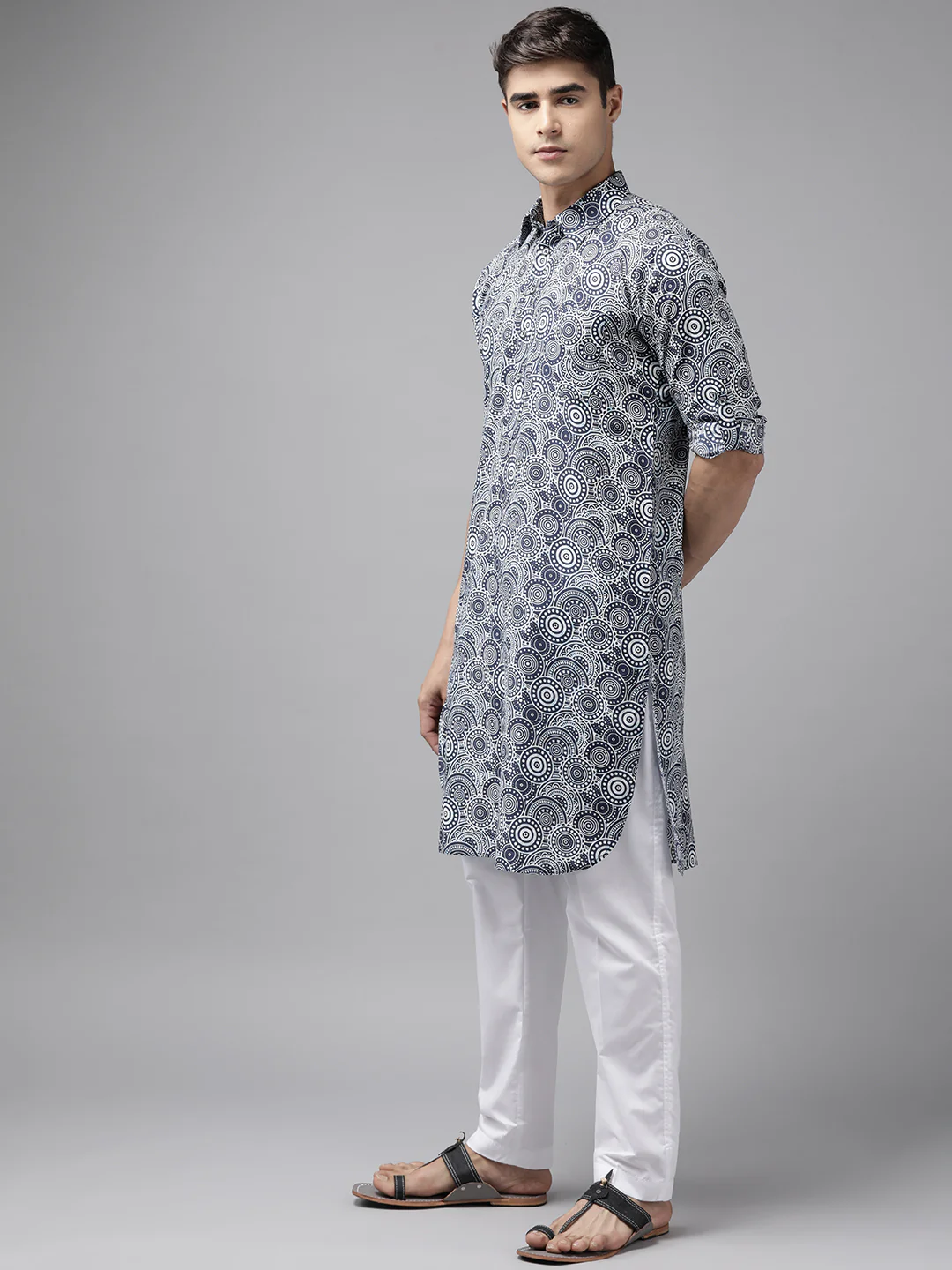Men Blue Regular Pure Cotton Pathani Printed Men'S Kurta - Image 3