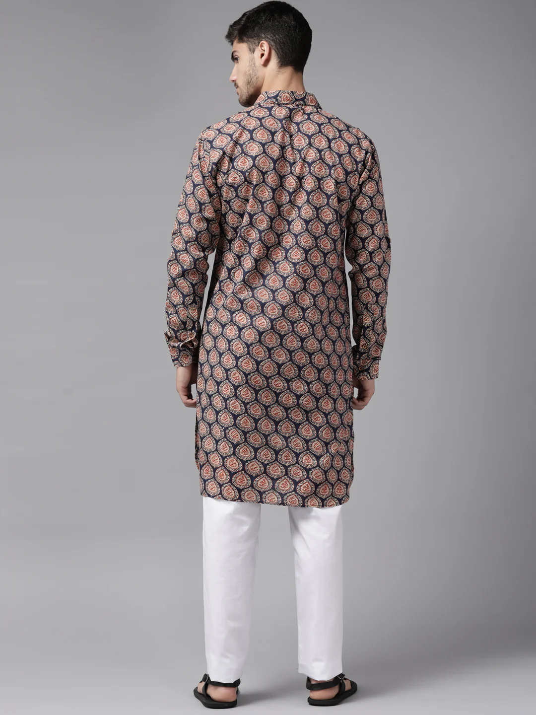 Men Blue Regular Pure Cotton Pathani Printed Men'S Kurta - Image 4