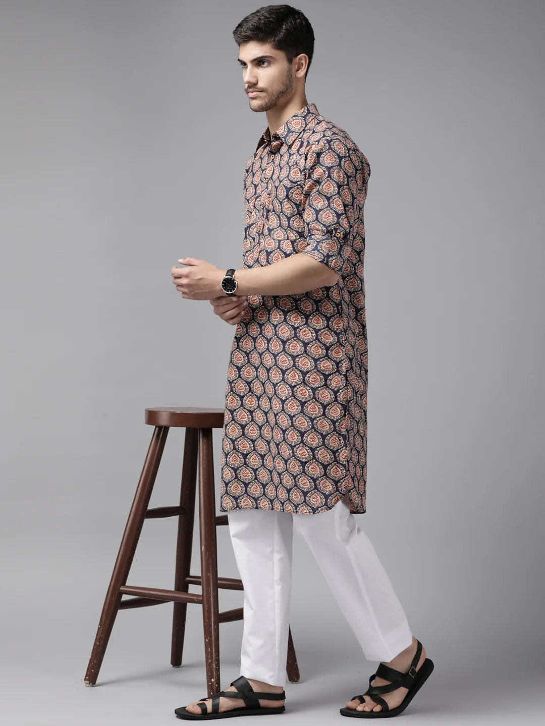 Men Blue Regular Pure Cotton Pathani Printed Men'S Kurta - Image 5
