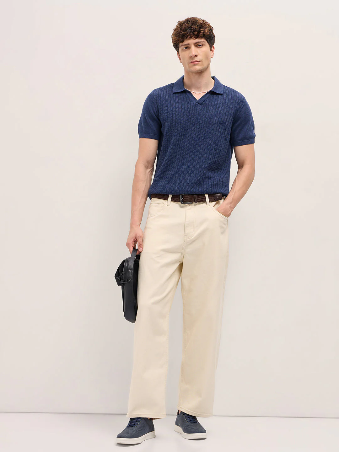 Men Blue Ribbed Texture Design Slim Fit Polo - Image 4