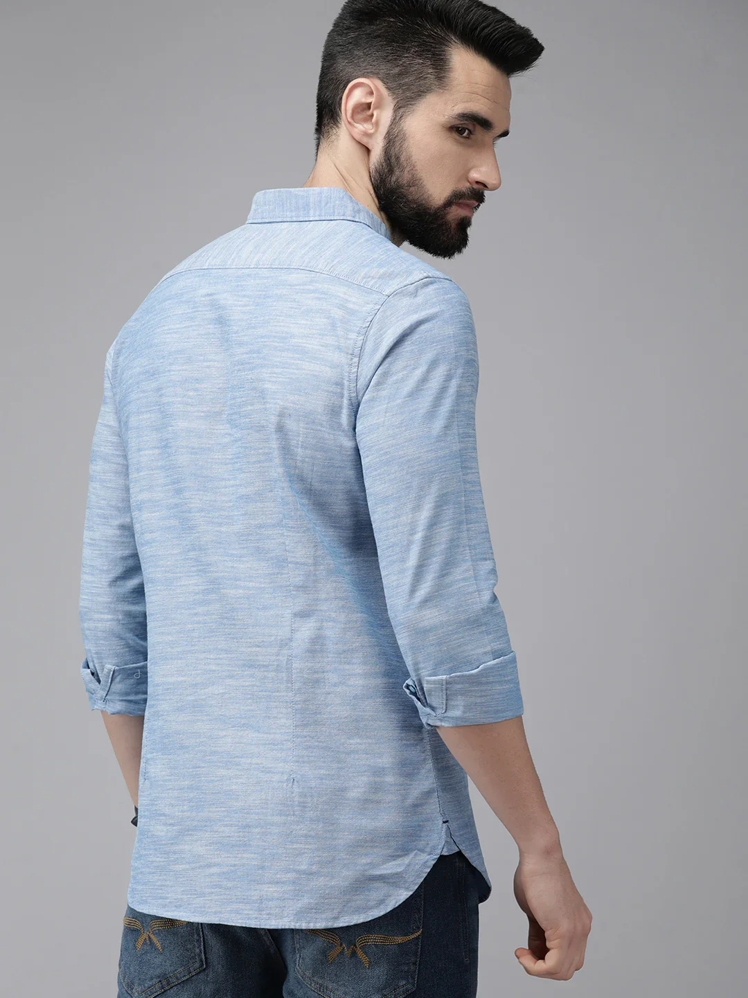 Men Blue Self Design Chambray Shirt - Image 2