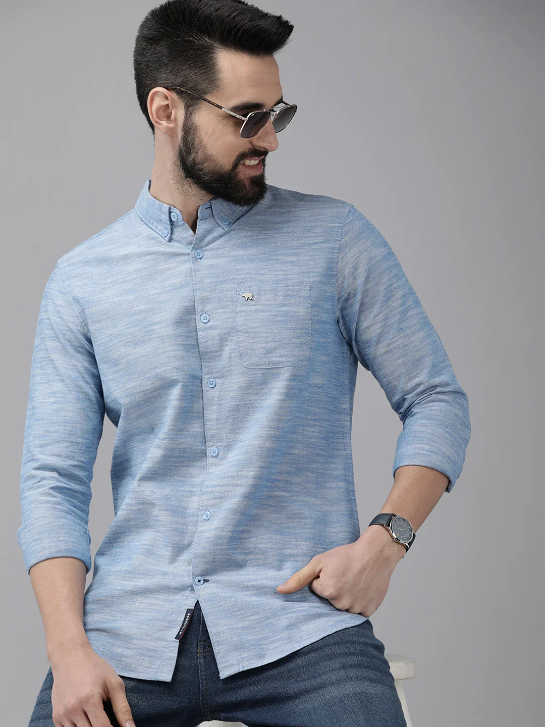 Men Blue Self Design Chambray Shirt - Image 3
