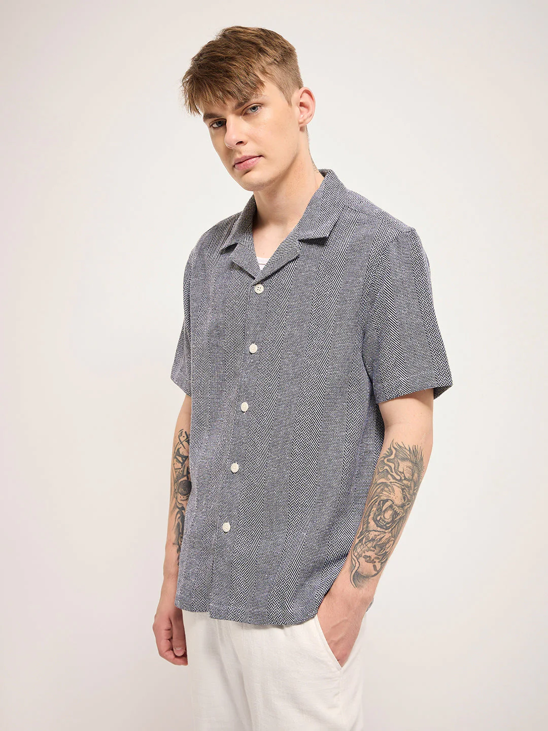 Men Blue Self Design Regular Fit Casual Shirt - Image 3