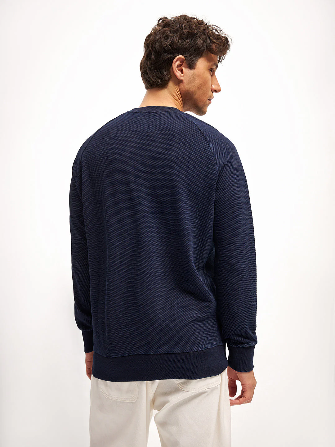 Men Blue Self Design Regular Fit Crew Neck T-Shirt - Image 2