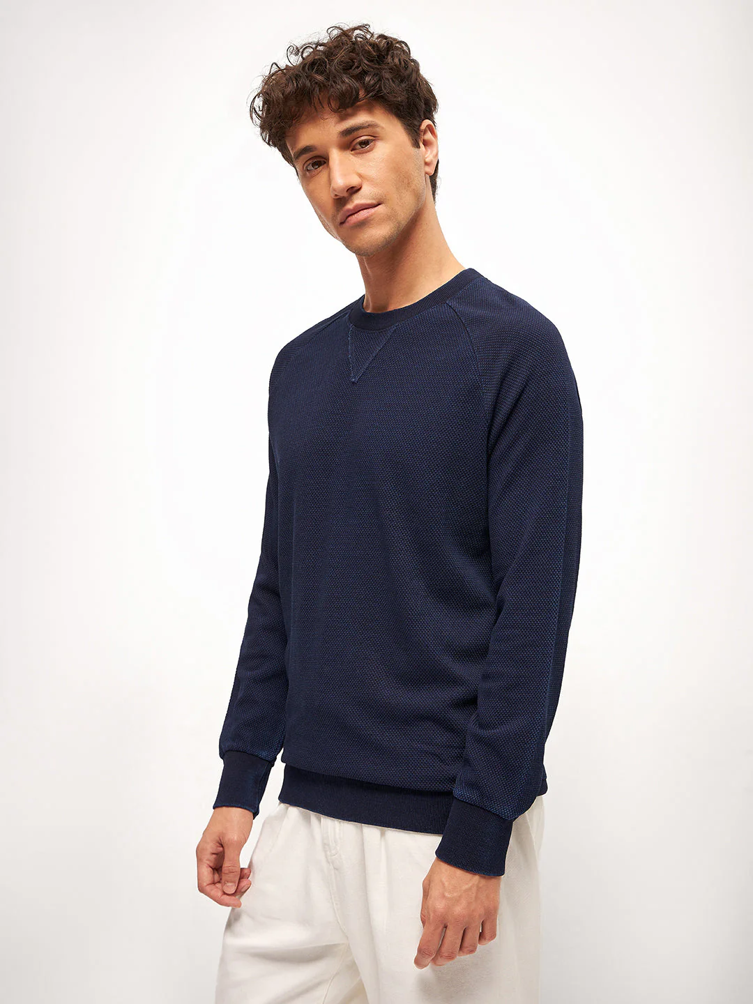 Men Blue Self Design Regular Fit Crew Neck T-Shirt - Image 3