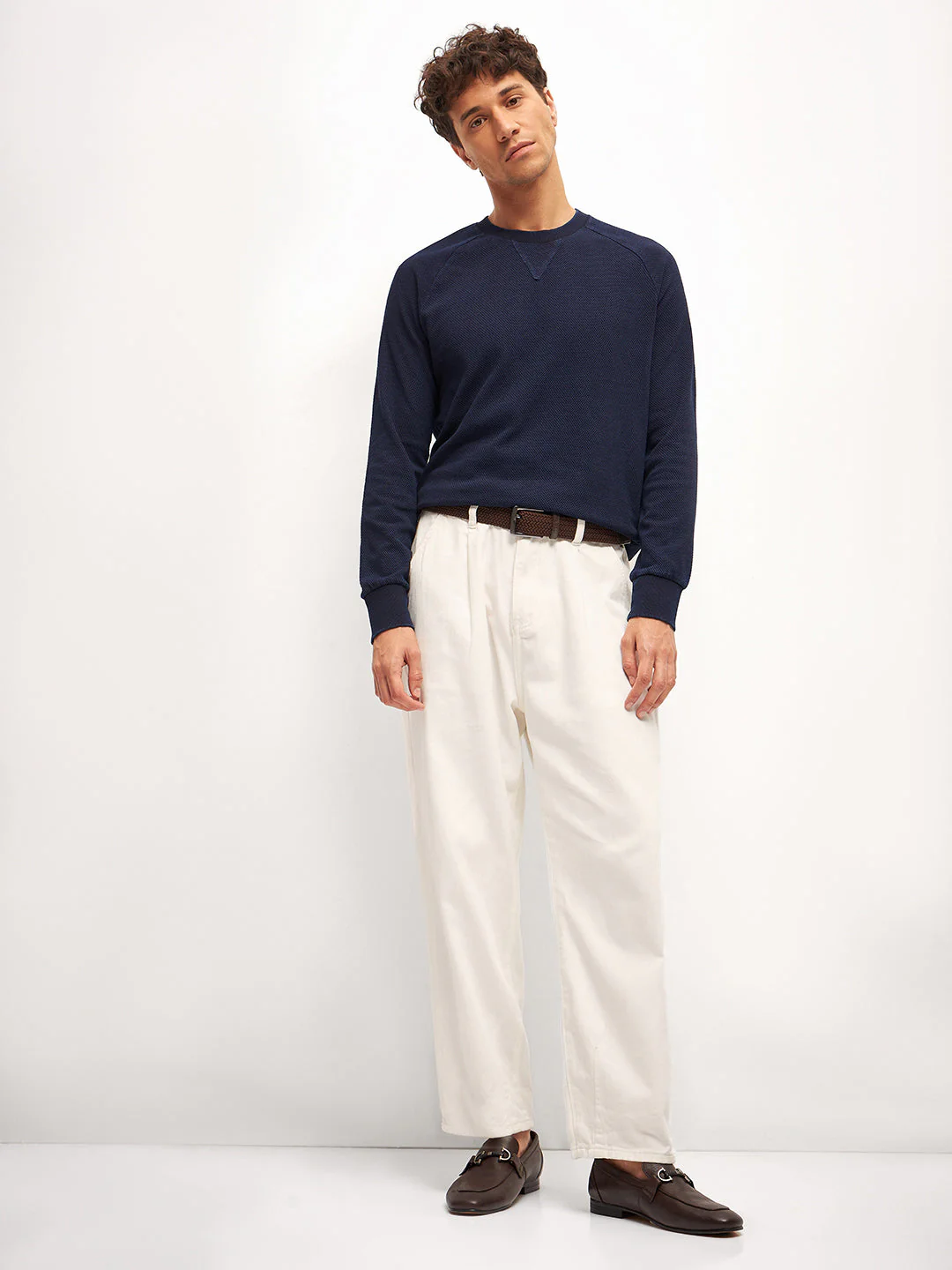 Men Blue Self Design Regular Fit Crew Neck T-Shirt - Image 4