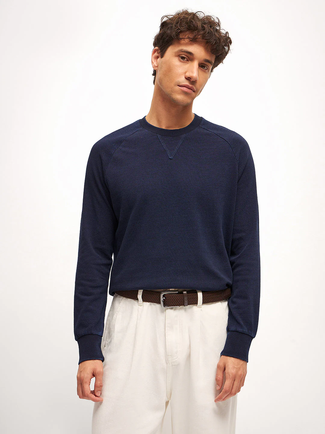 Men Blue Self Design Regular Fit Crew Neck T-Shirt - Image 6