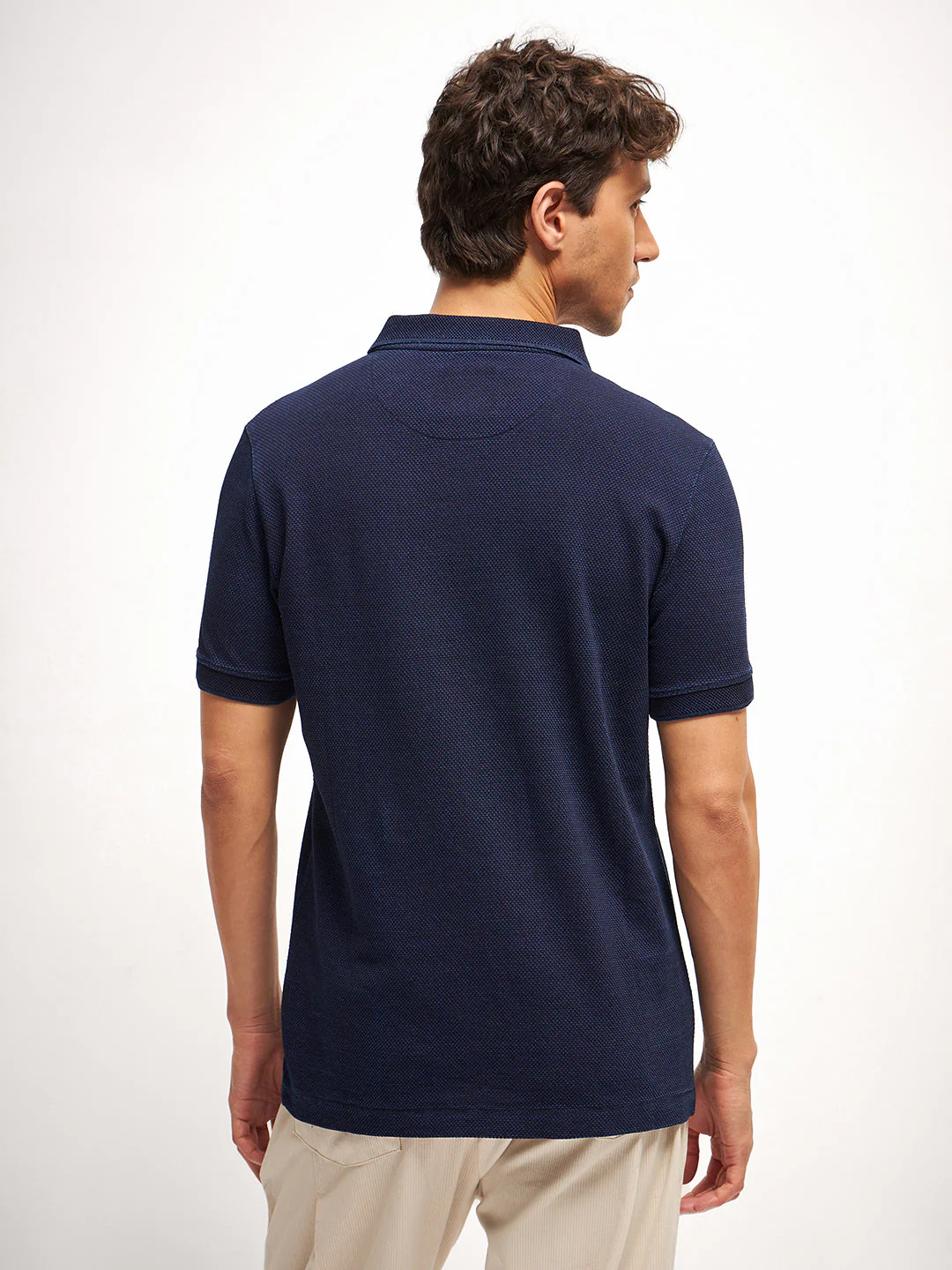 Men Blue Self Design Regular Fit Polo Collar T-shirt - Image 2