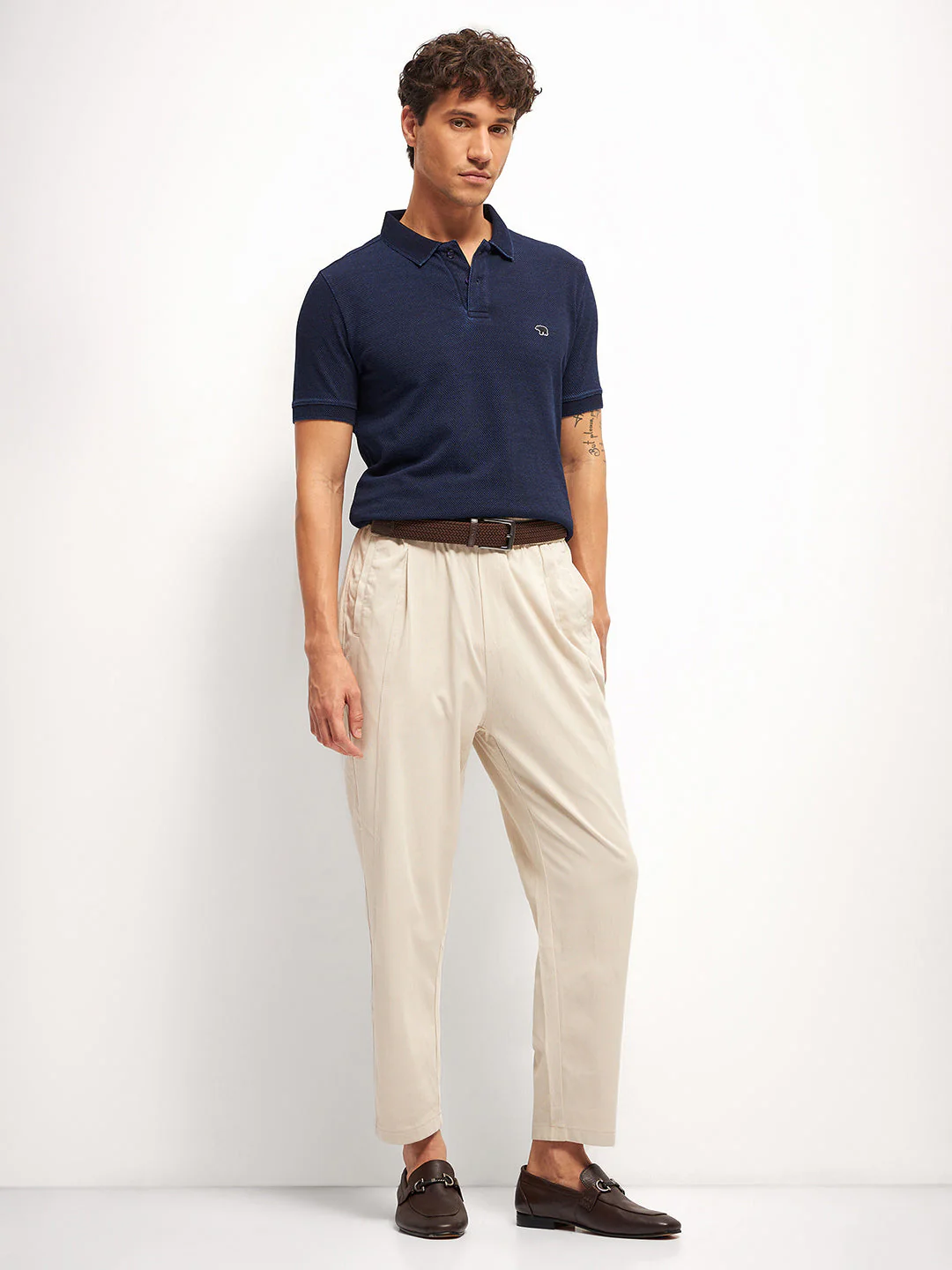 Men Blue Self Design Regular Fit Polo Collar T-shirt - Image 3