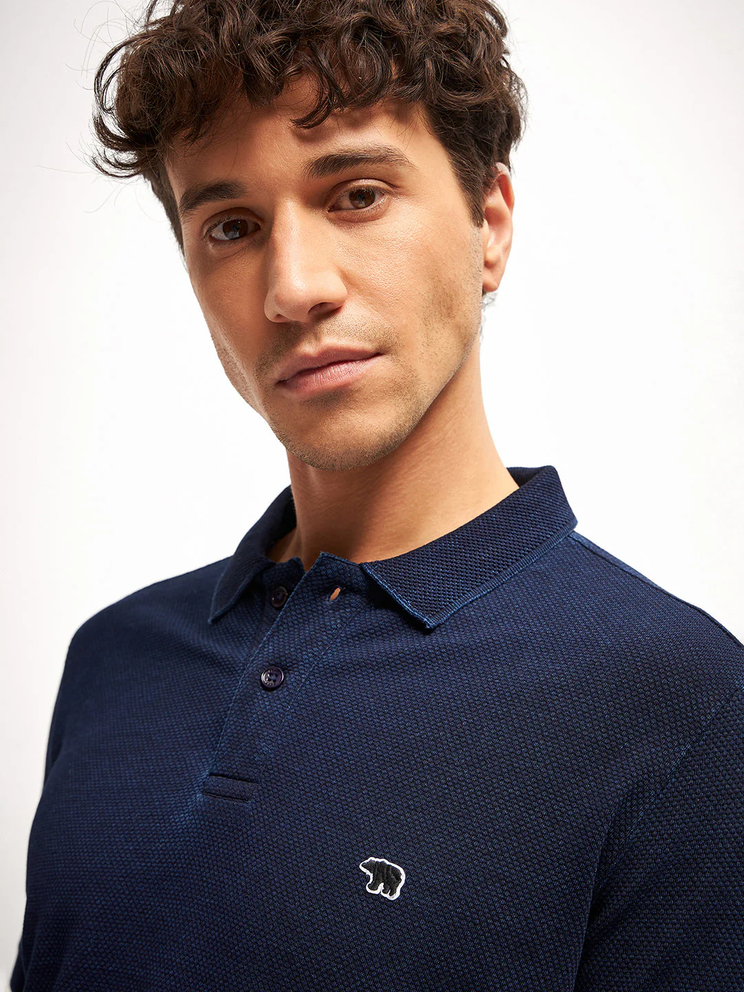Men Blue Self Design Regular Fit Polo Collar T-shirt - Image 4