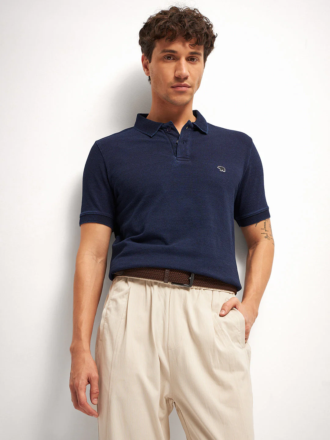 Men Blue Self Design Regular Fit Polo Collar T-shirt - Image 5