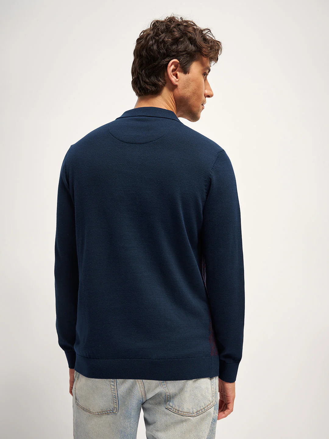 Men Blue Self Design Regular Fit Polo Neck T-shirt - Image 2