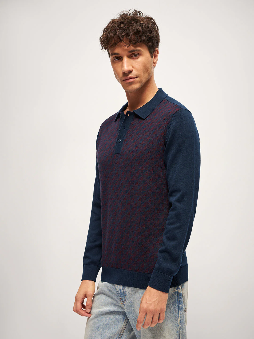 Men Blue Self Design Regular Fit Polo Neck T-shirt - Image 3