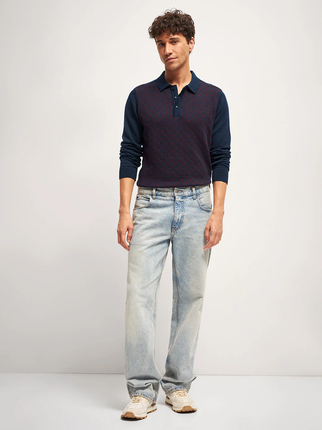 Men Blue Self Design Regular Fit Polo Neck T-shirt - Image 4