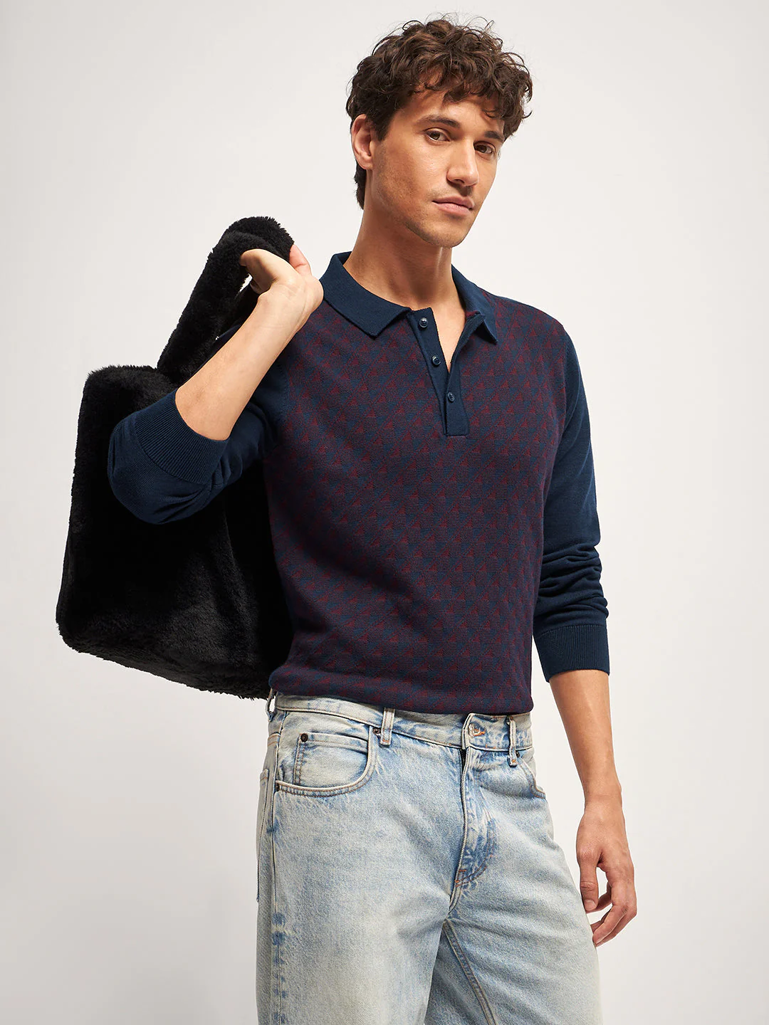Men Blue Self Design Regular Fit Polo Neck T-shirt - Image 6
