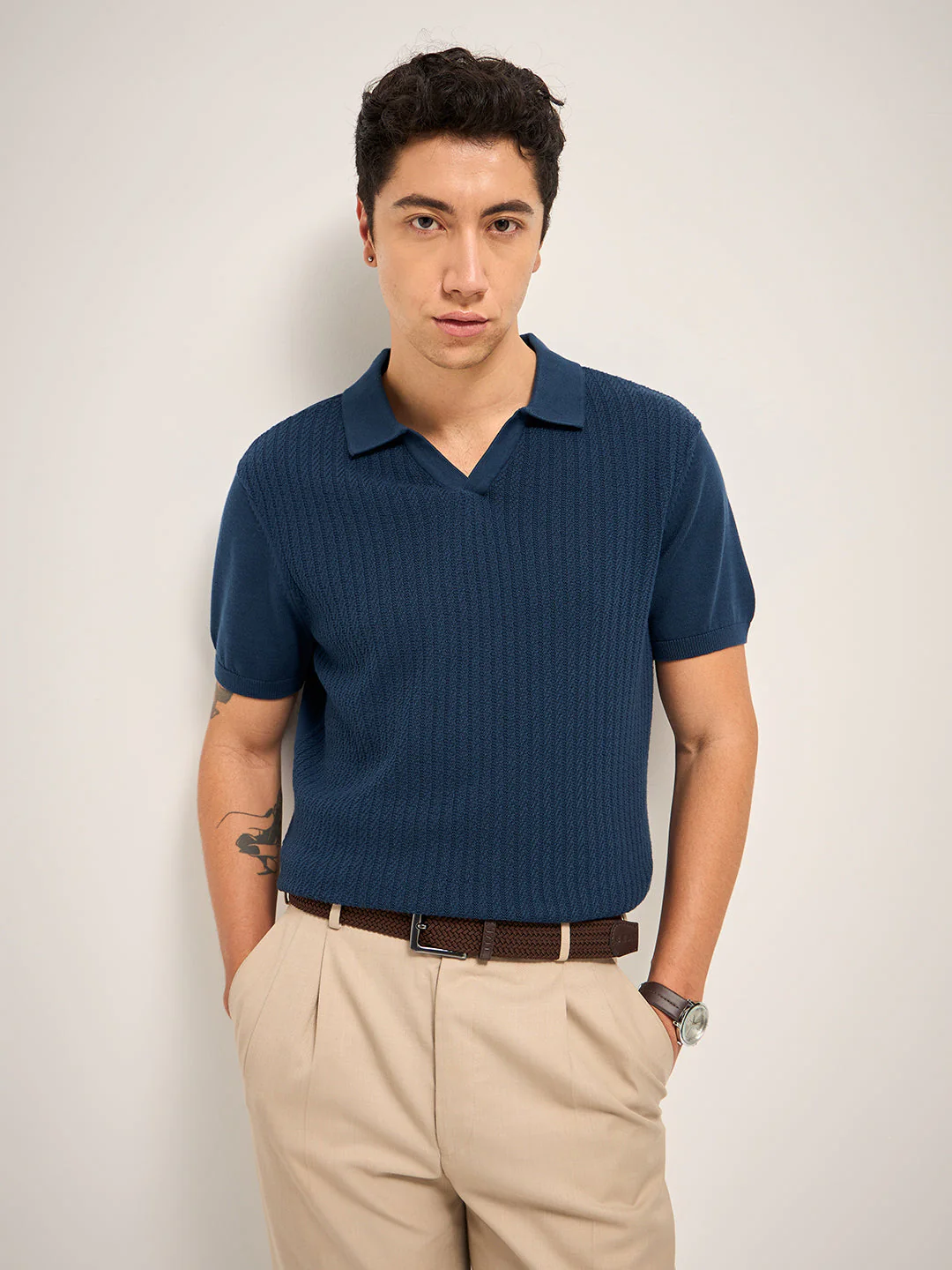 Men Blue Self Design Regular Fit Polo T-Shirt